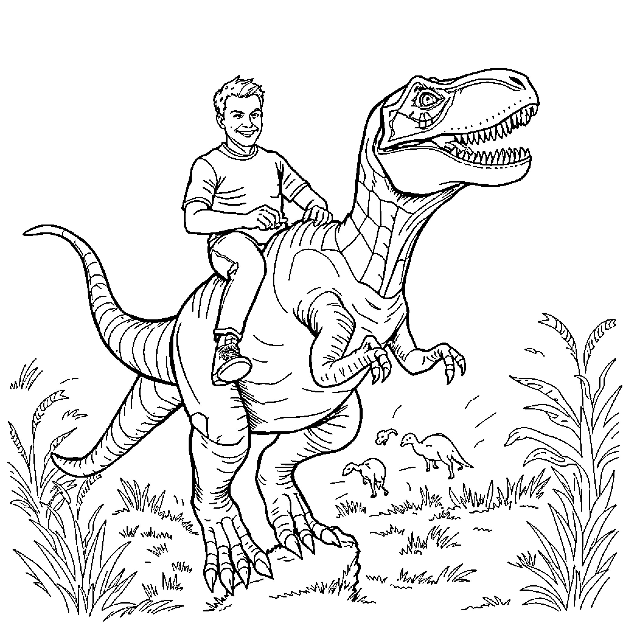 Colin Mochrie riding a dinosaur in a playful scene Coloring Page (free black-and-white line drawing printable PDF for all, from beginners to advanced learners, including children, teens, adults, and seniors)