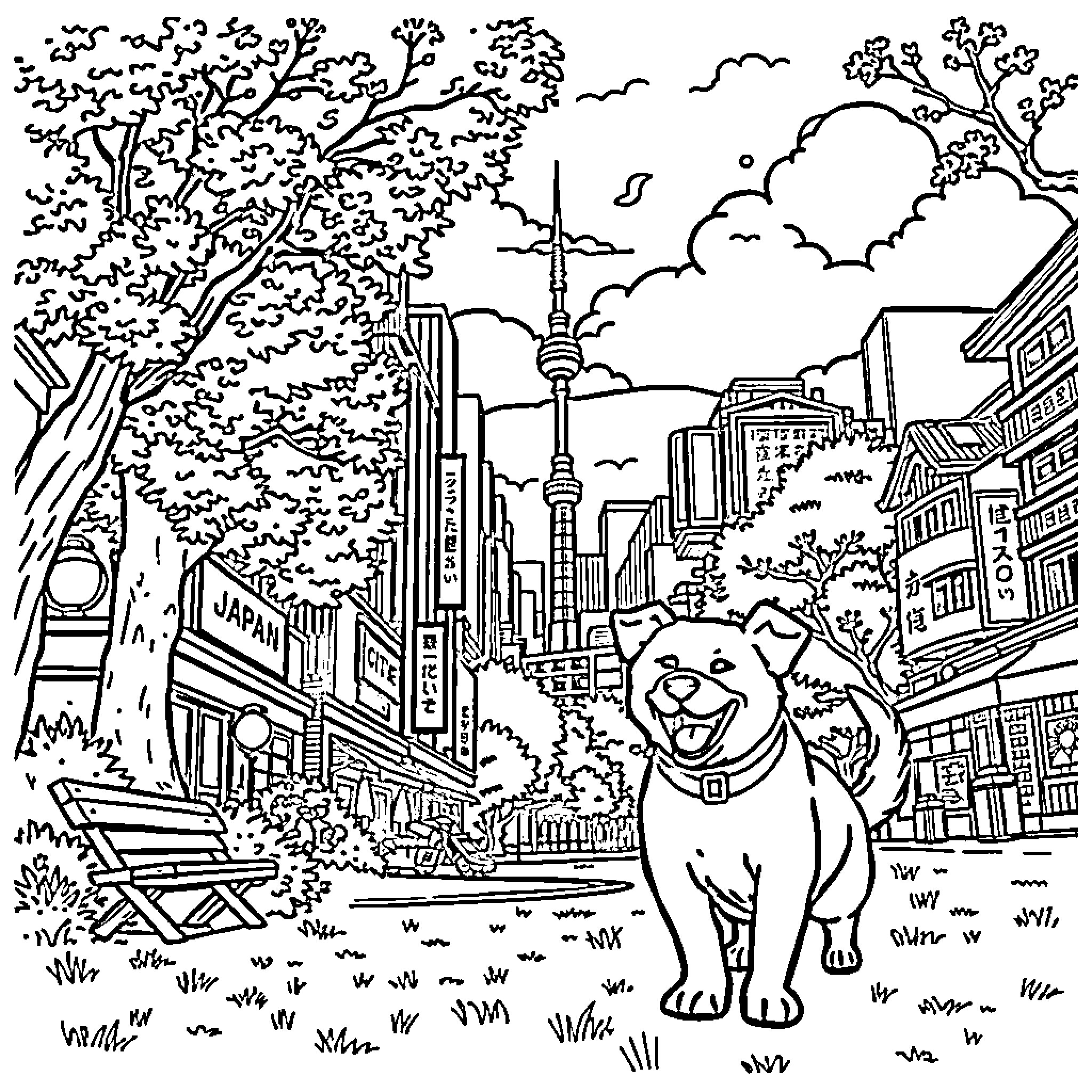 Dog exploring the vibrant city streets Coloring Page (free black-and-white line drawing printable PDF for all, from beginners to advanced learners, including children, teens, adults, and seniors)