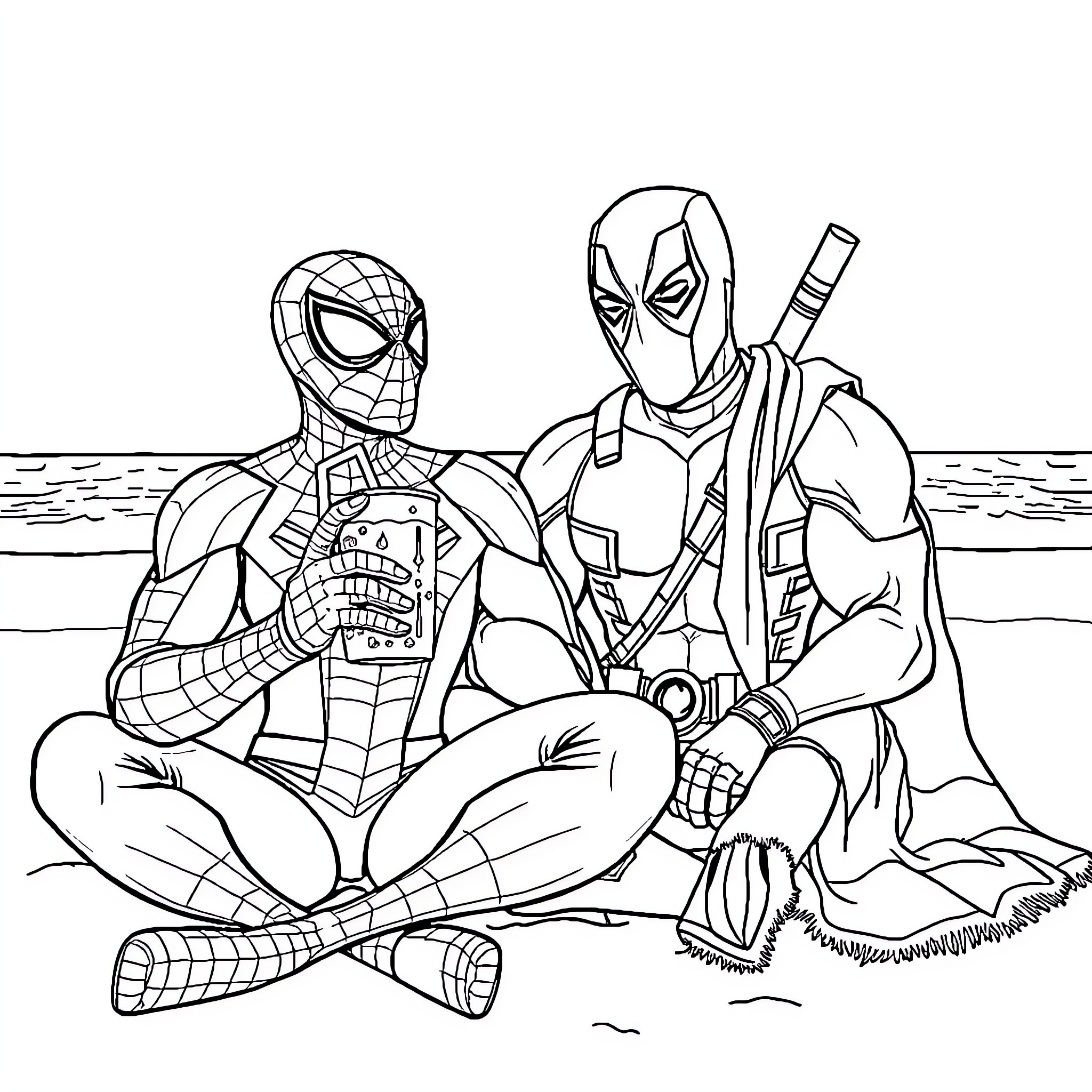 Spider-Man and Deadpool teaming up on the beach Coloring Page (free black-and-white line drawing printable PDF for all, from beginners to advanced learners, including children, teens, adults, and seniors)