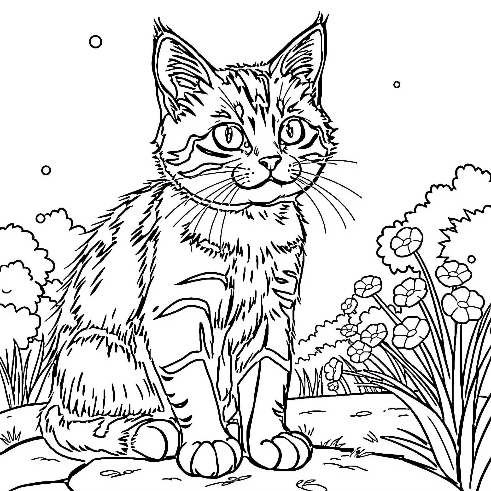 Kitten exploring the garden with curiosity Coloring Page (free black-and-white line drawing printable PDF for all, from beginners to advanced learners, including children, teens, adults, and seniors)