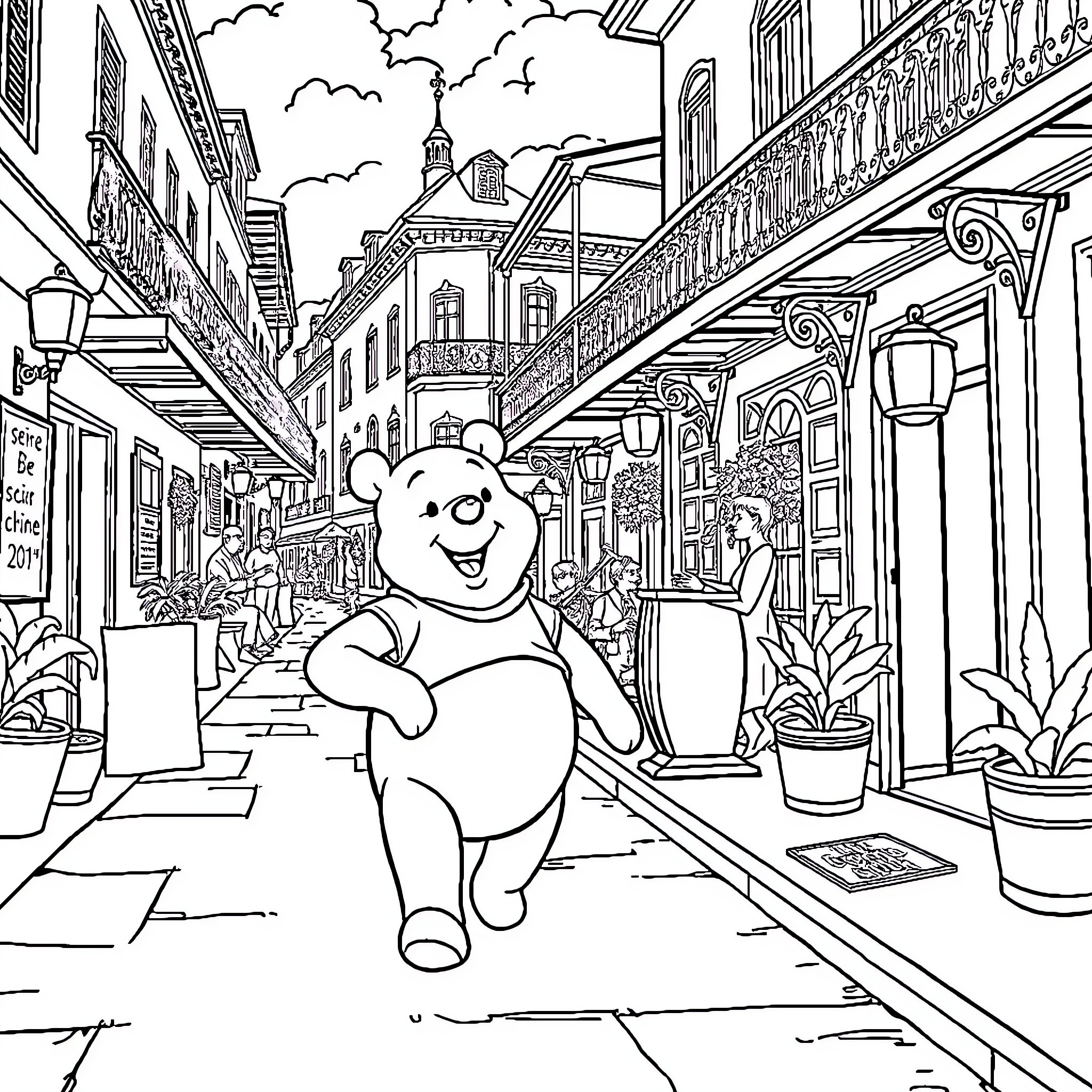 Winnie The Pooh strolling through a charming city street Coloring Page (free black-and-white line drawing printable PDF for all, from beginners to advanced learners, including children, teens, adults, and seniors)