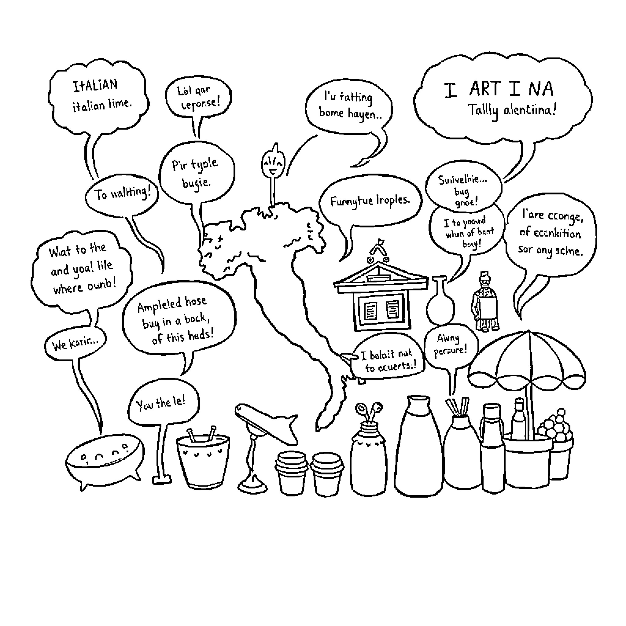 Brainrot: A Jumbled Celebration of Italian Culture Coloring Page (free black-and-white line drawing printable PDF for all, from beginners to advanced learners, including children, teens, adults, and seniors)