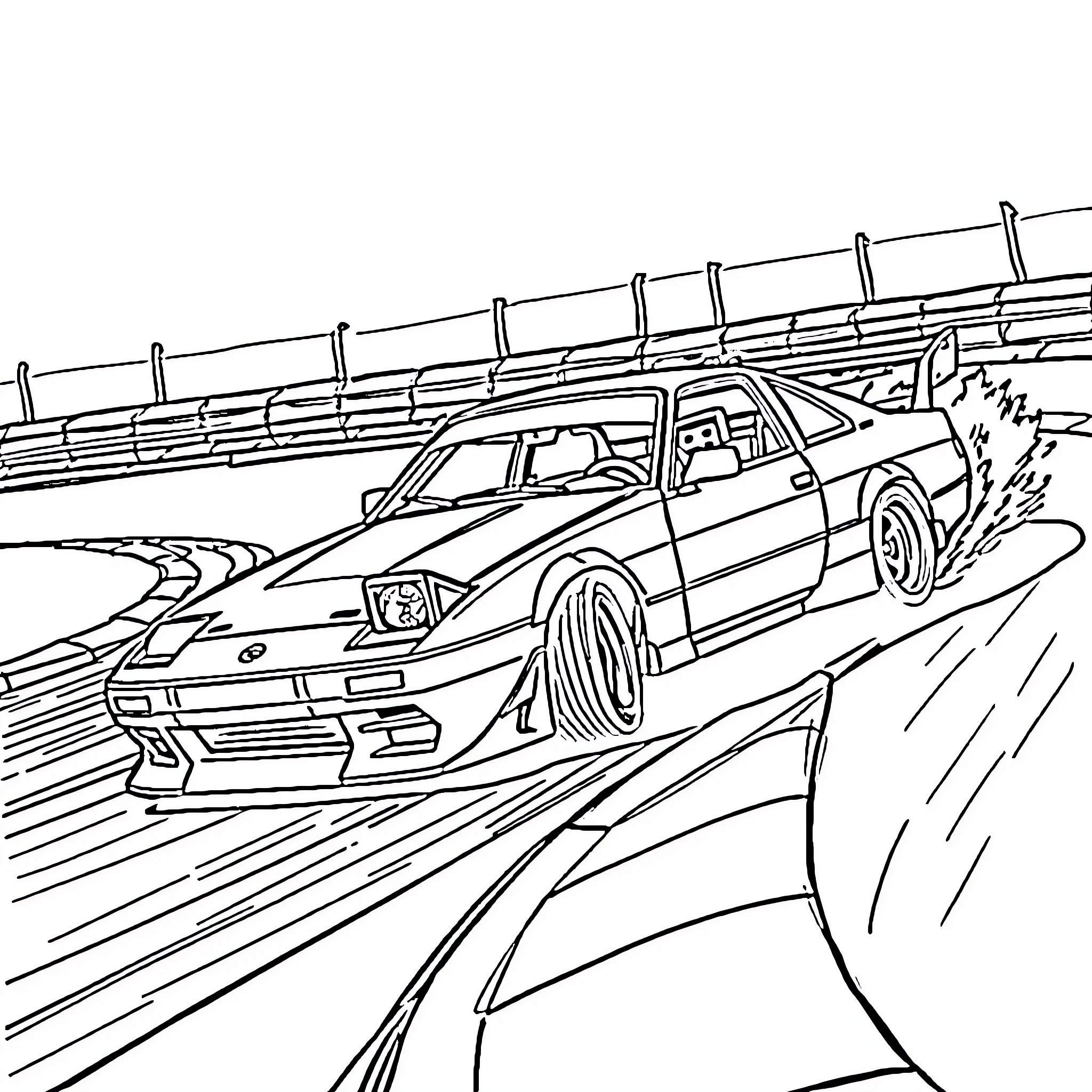 Nissan 240sx speeding on the racetrack Coloring Page (free black-and-white line drawing printable PDF for all, from beginners to advanced learners, including children, teens, adults, and seniors)