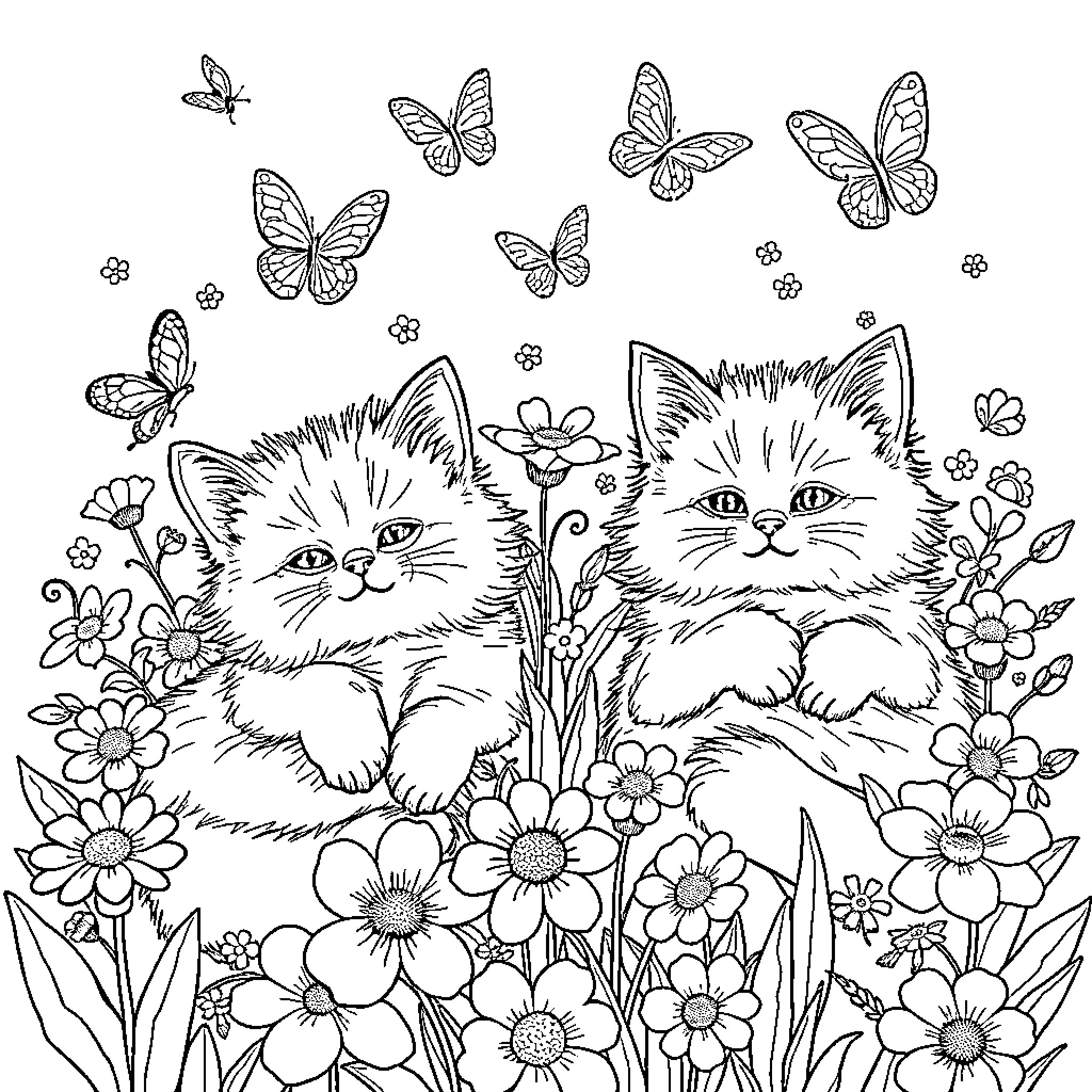 Cat Kittens Surrounded by Butterflies and Flowers Coloring Page (free black-and-white line drawing printable PDF for all, from beginners to advanced learners, including children, teens, adults, and seniors)