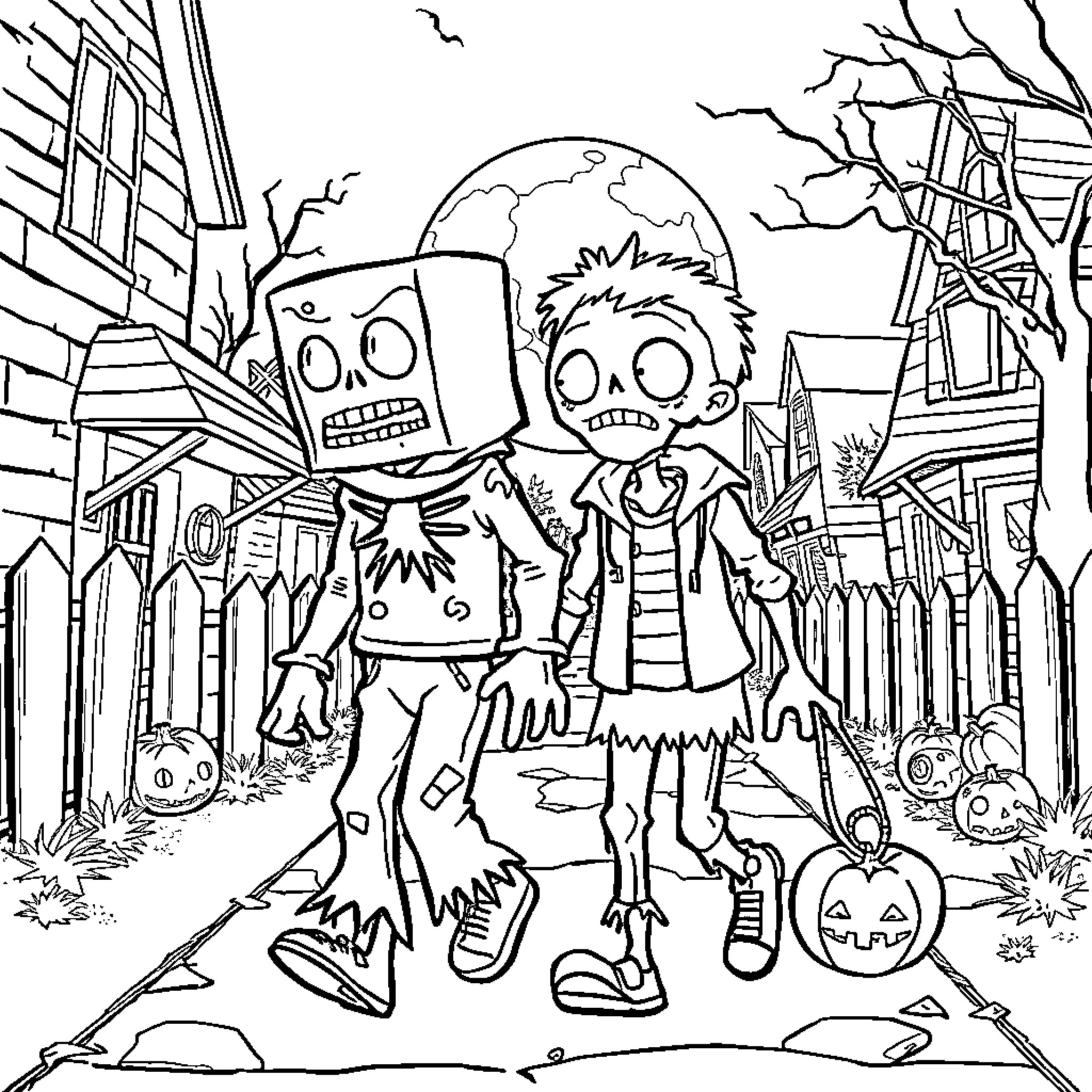 Creeper Zombies Walking Down Spooky Neighborhood Coloring Page (free black-and-white line drawing printable PDF for all, from beginners to advanced learners, including children, teens, adults, and seniors)