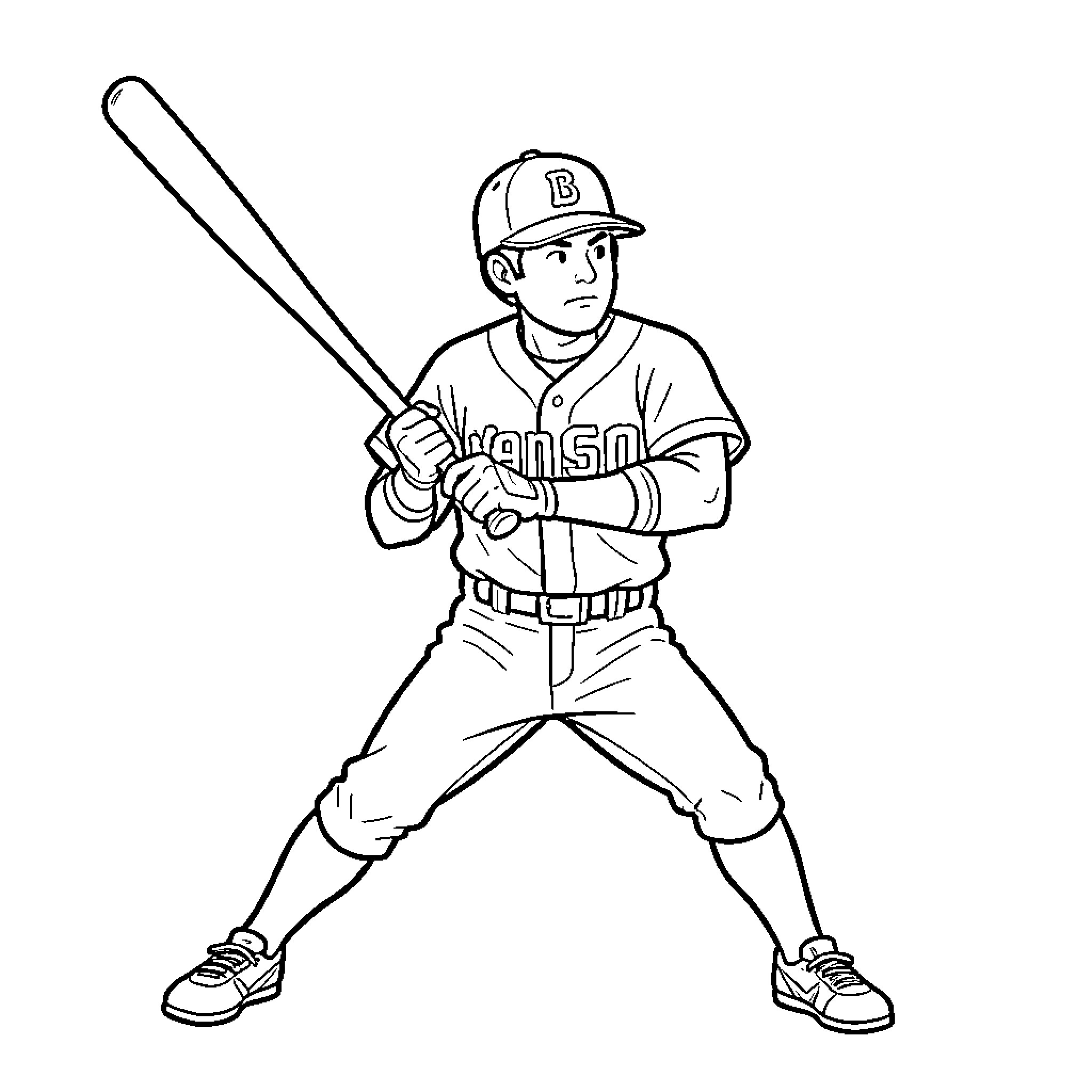 Sangoku baseball player holding a bat in ready stance Coloring Page (free black-and-white line drawing printable PDF for all, from beginners to advanced learners, including children, teens, adults, and seniors)