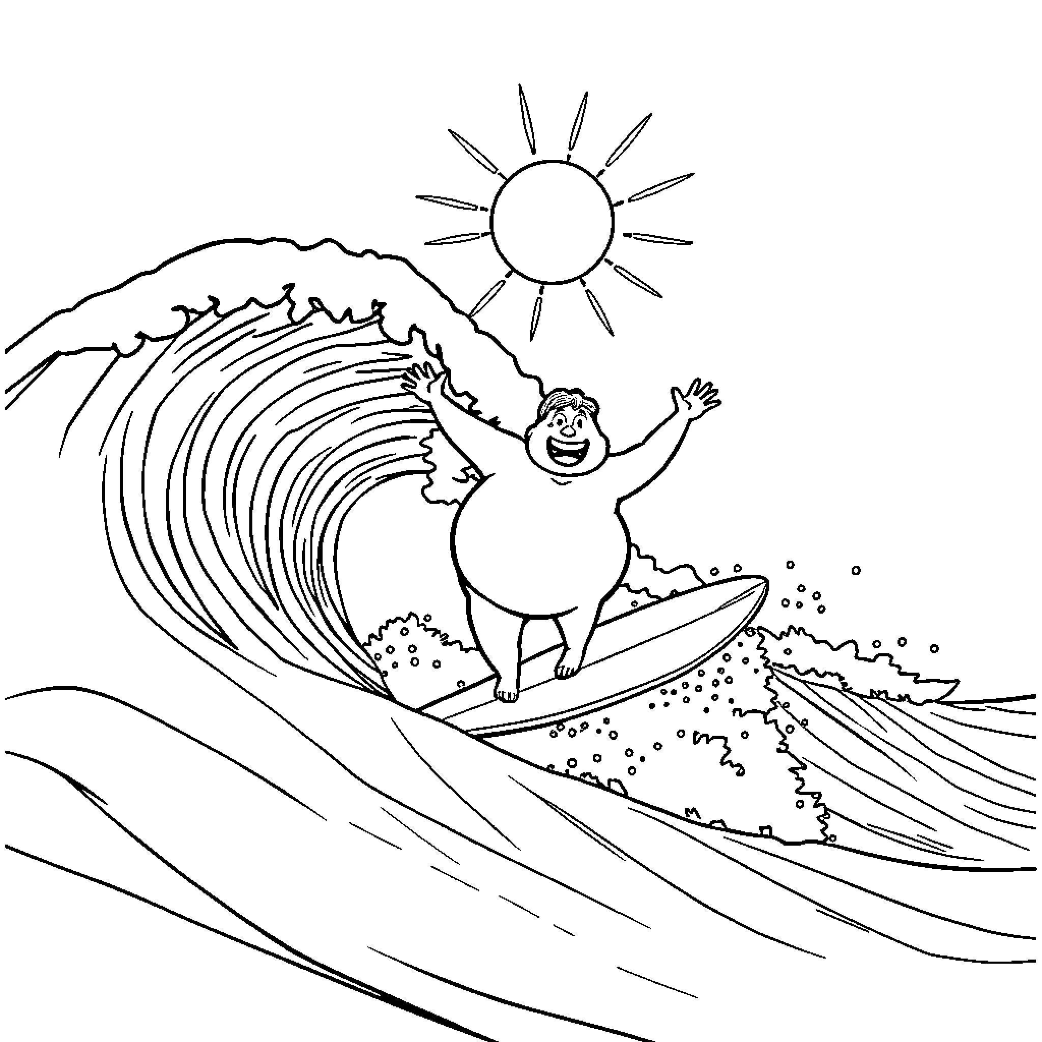 Surfer riding giant ocean wave Coloring Page (free black-and-white line drawing printable PDF for all, from beginners to advanced learners, including children, teens, adults, and seniors)