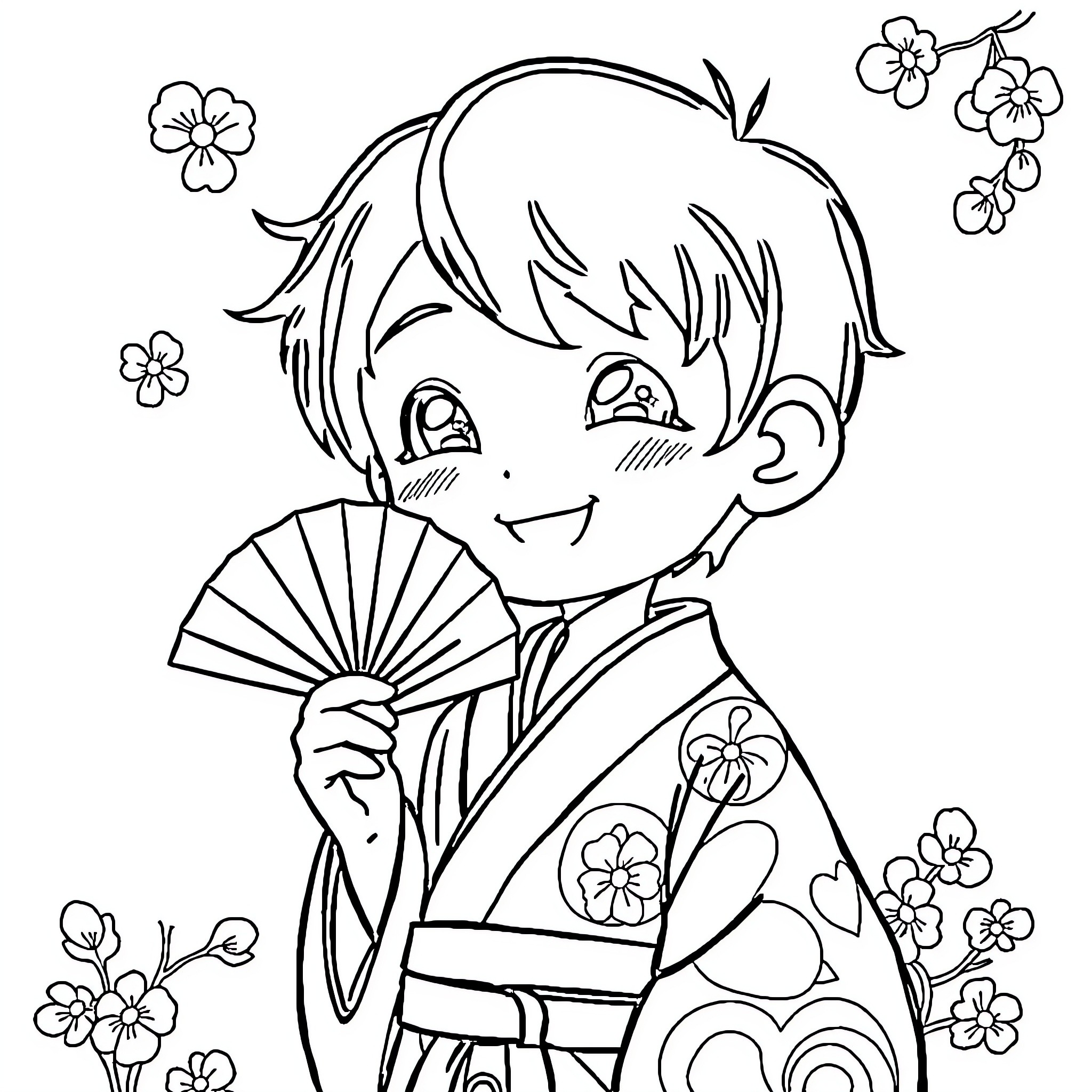 Boy in Kimono Surrounded by Flowers Coloring Page (free black-and-white line drawing printable PDF for all, from beginners to advanced learners, including children, teens, adults, and seniors)