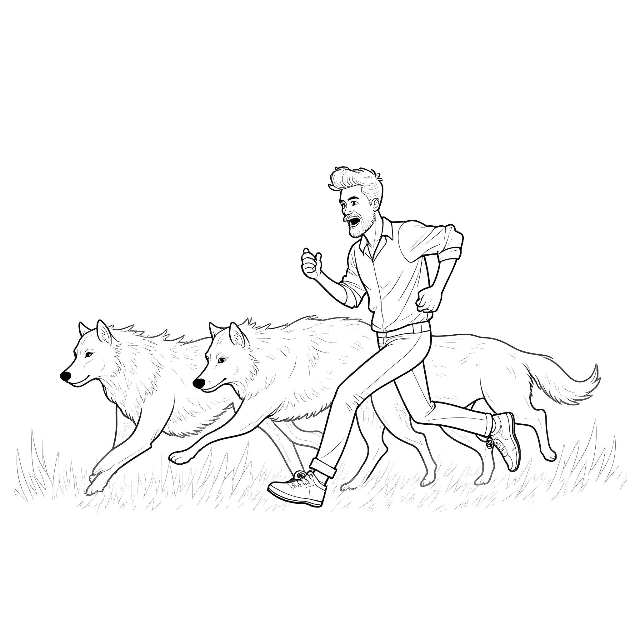 Man running excitedly with two dogs in field Coloring Page (free black-and-white line drawing printable PDF for all, from beginners to advanced learners, including children, teens, adults, and seniors)