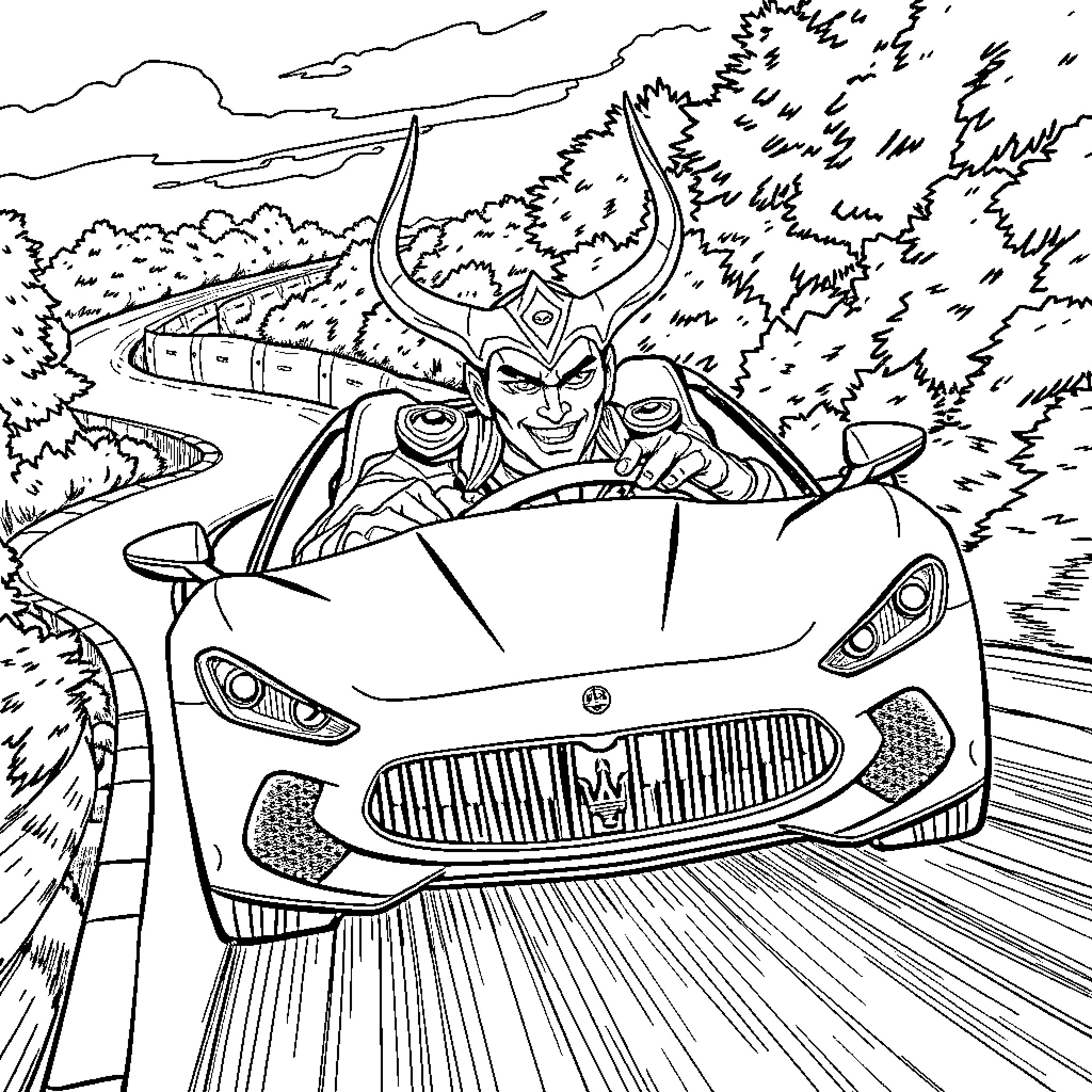 Loki's Mischievous Road Trip in a Stylish Sports Car Coloring Page (free black-and-white line drawing printable PDF for all, from beginners to advanced learners, including children, teens, adults, and seniors)