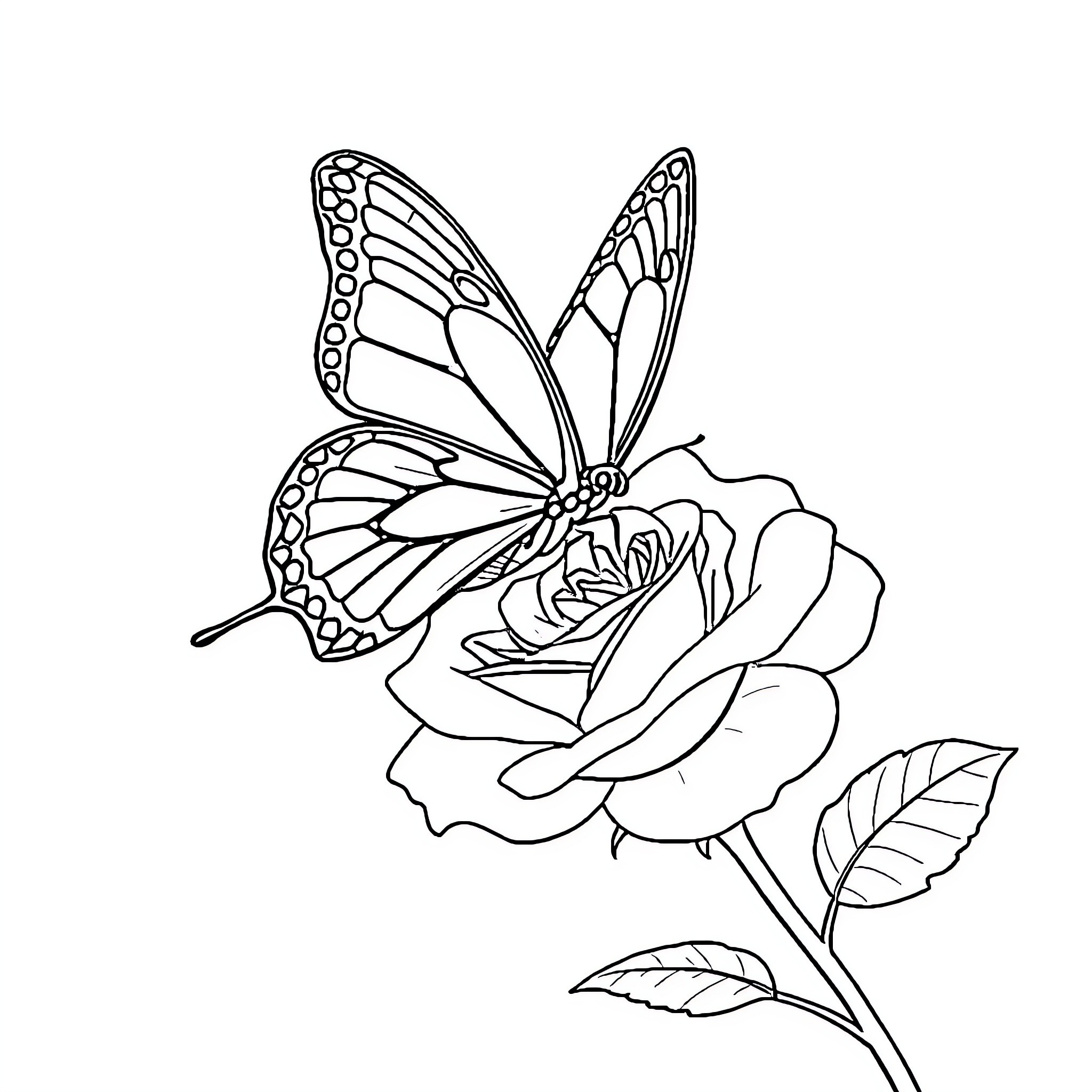 Butterfly resting on a detailed rose Coloring Page (free black-and-white line drawing printable PDF for all, from beginners to advanced learners, including children, teens, adults, and seniors)