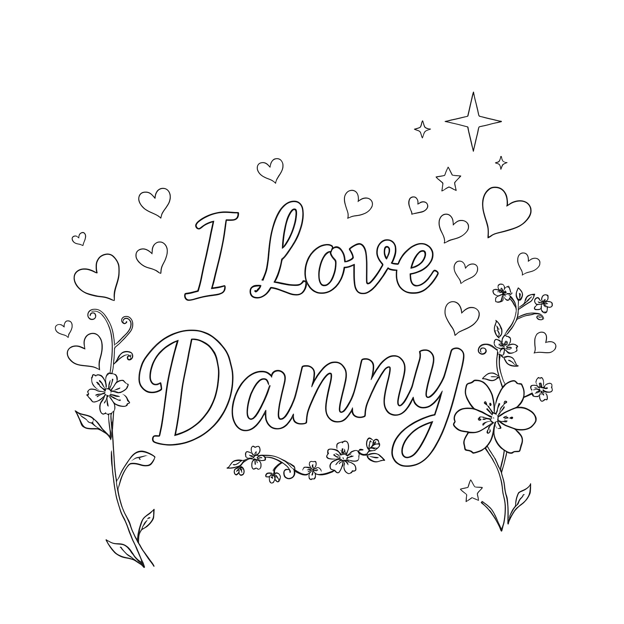Words of affection and flowers for Danny Coloring Page (free black-and-white line drawing printable PDF for all, from beginners to advanced learners, including children, teens, adults, and seniors)