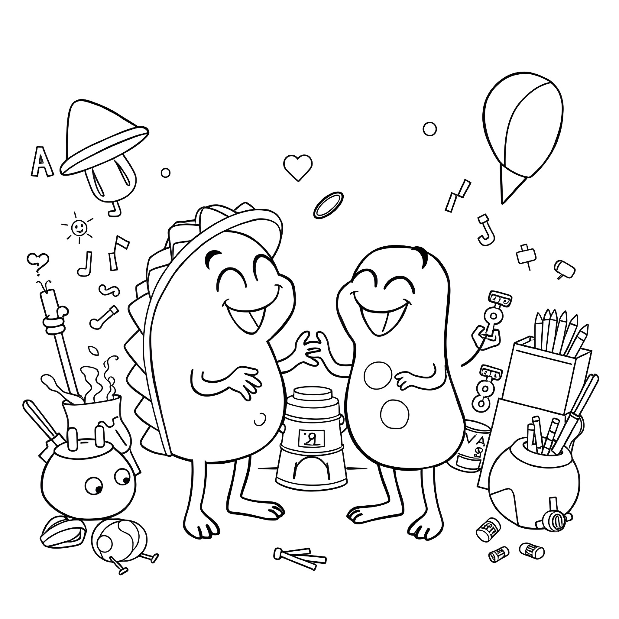 Taco Characters Enjoying Playful Activities Coloring Page (free black-and-white line drawing printable PDF for all, from beginners to advanced learners, including children, teens, adults, and seniors)