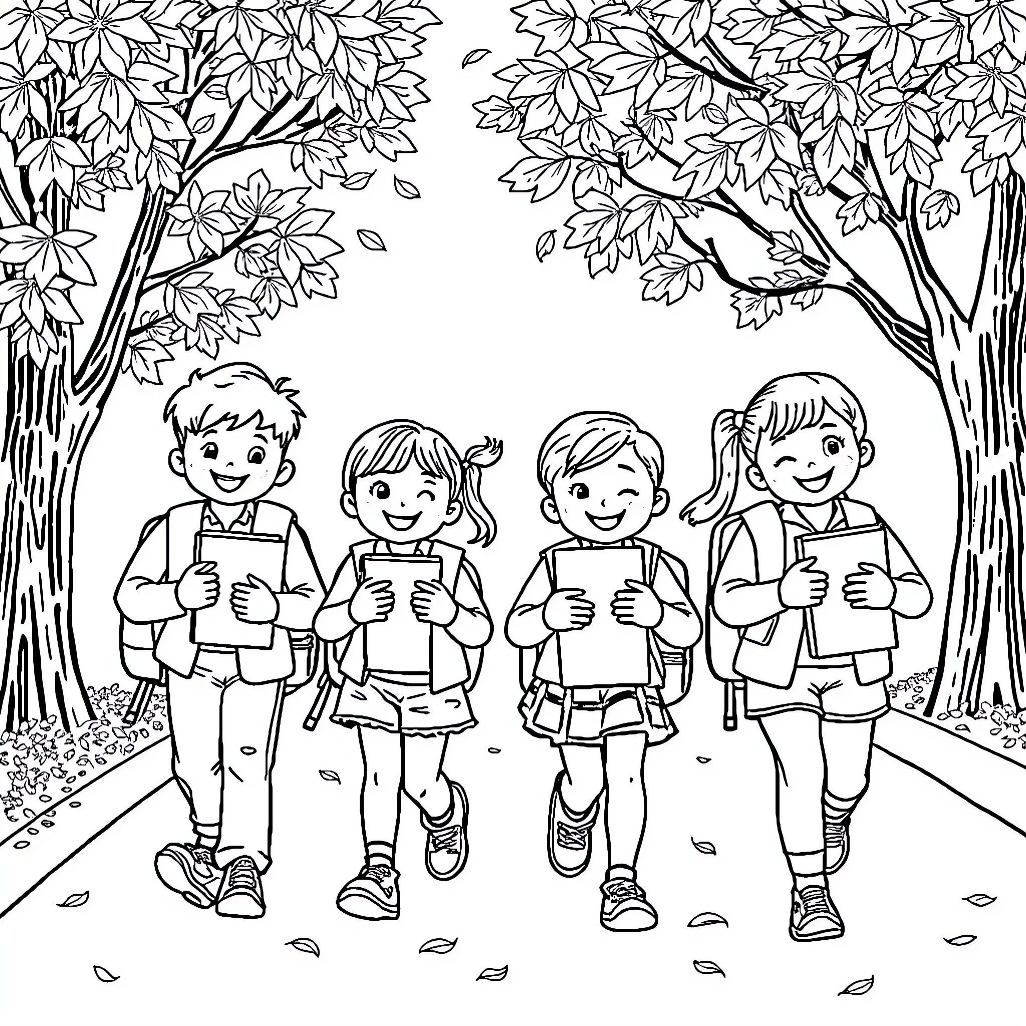 Kid friends exploring the autumn forest together Coloring Page (free black-and-white line drawing printable PDF for all, from beginners to advanced learners, including children, teens, adults, and seniors)