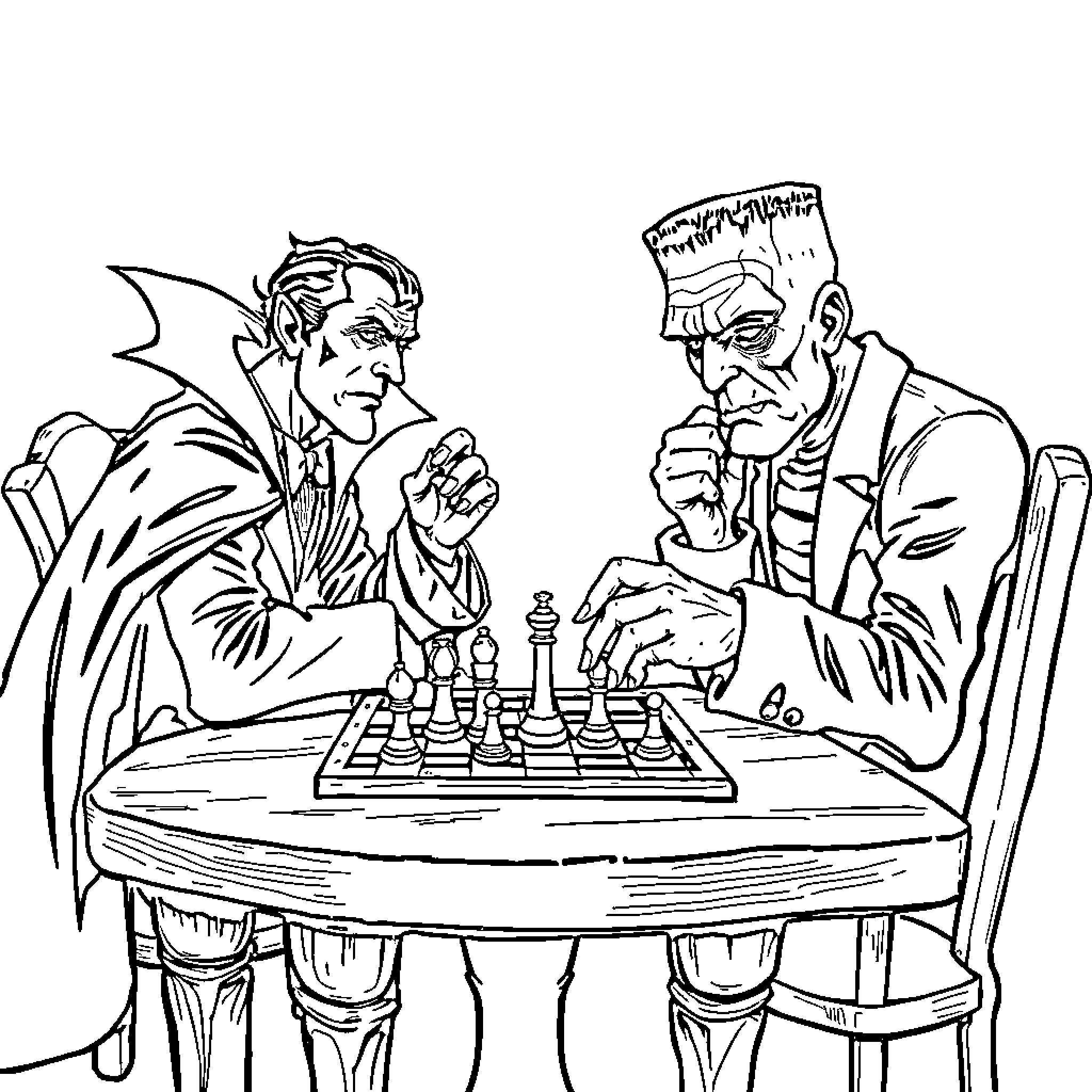 Dracula Challenges His Opponent to a Game of Chess Coloring Page (free black-and-white line drawing printable PDF for all, from beginners to advanced learners, including children, teens, adults, and seniors)