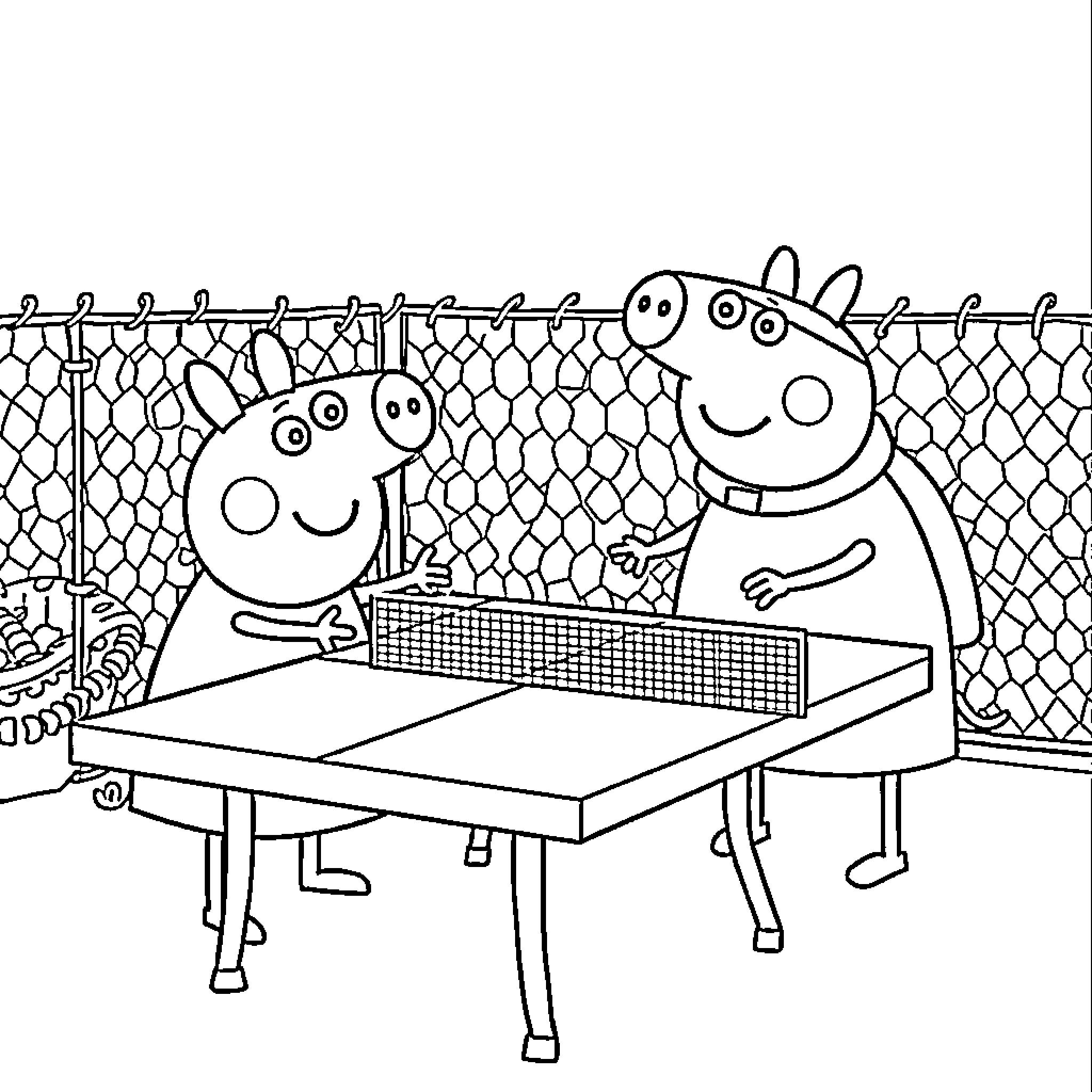 Peppa Pig and Friends Enjoying Table Tennis Match Coloring Page (free black-and-white line drawing printable PDF for all, from beginners to advanced learners, including children, teens, adults, and seniors)