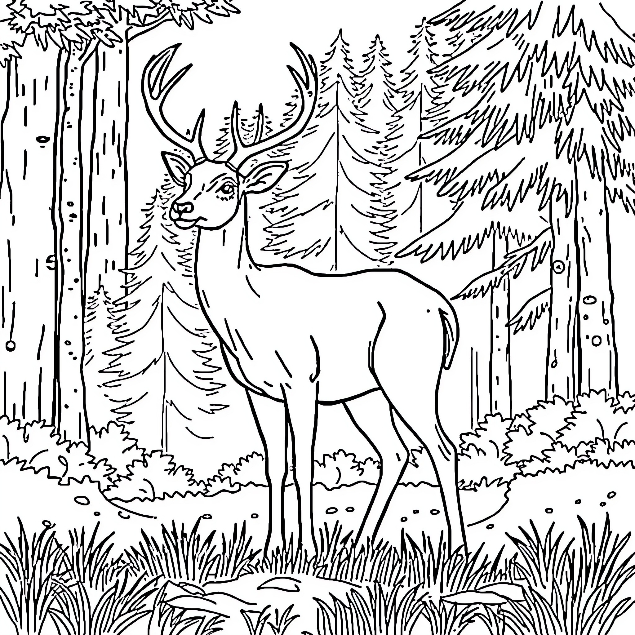 Deer standing calmly in the forest Coloring Page (free black-and-white line drawing printable PDF for all, from beginners to advanced learners, including children, teens, adults, and seniors)