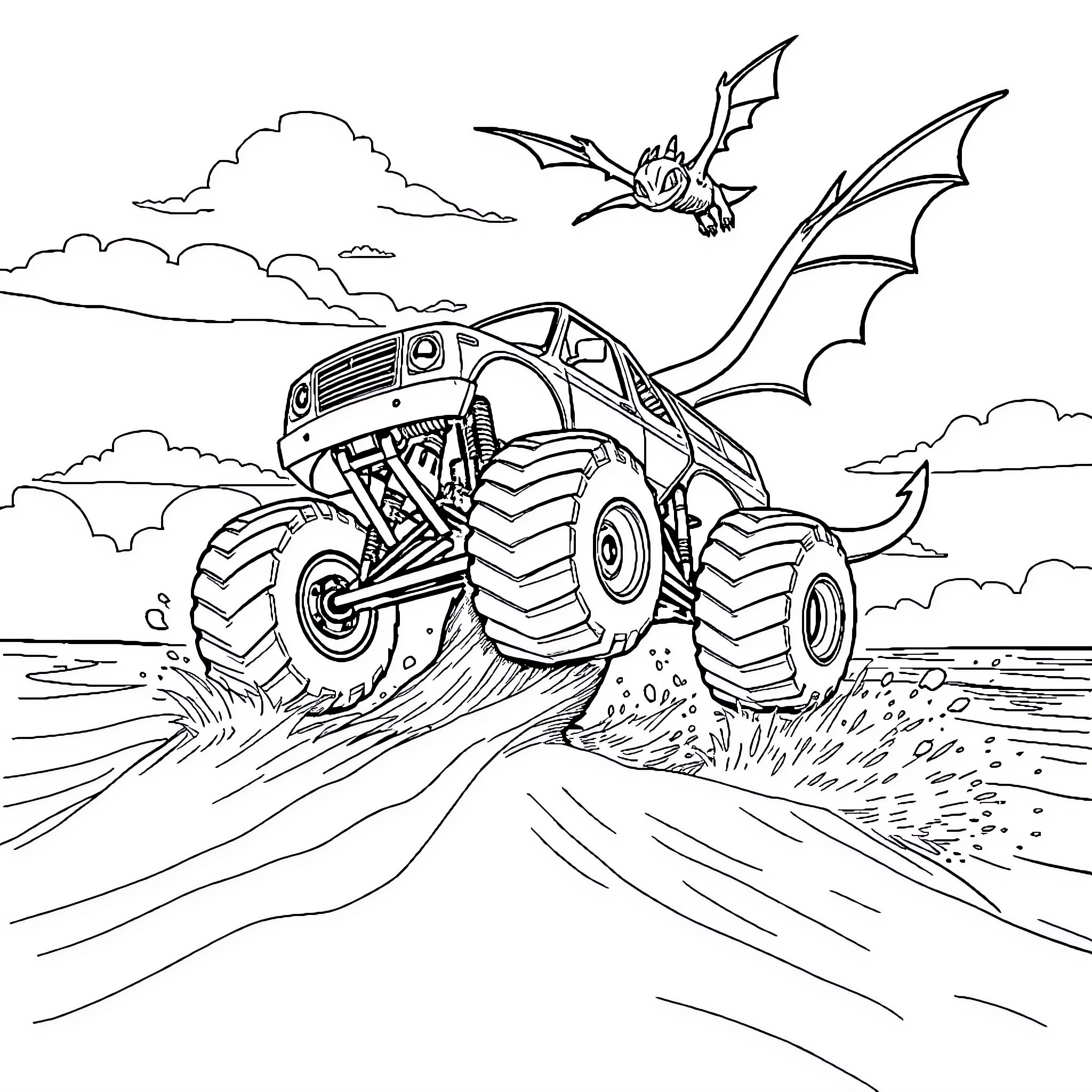 Monster Truck Crushes Terrain With Bat-Like Creature Coloring Page (free black-and-white line drawing printable PDF for all, from beginners to advanced learners, including children, teens, adults, and seniors)