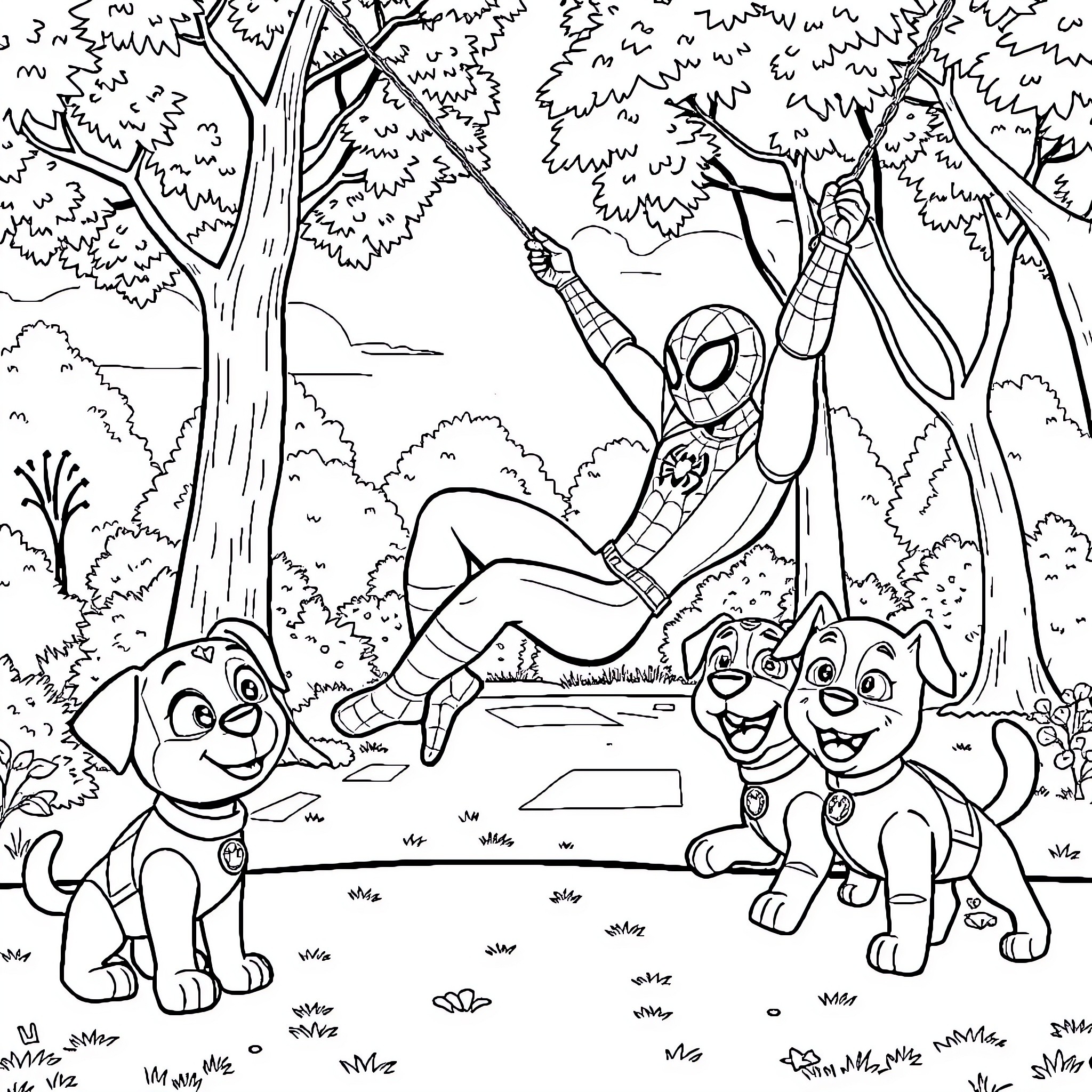 Spiderman's forest adventure with puppies Coloring Page (free black-and-white line drawing printable PDF for all, from beginners to advanced learners, including children, teens, adults, and seniors)