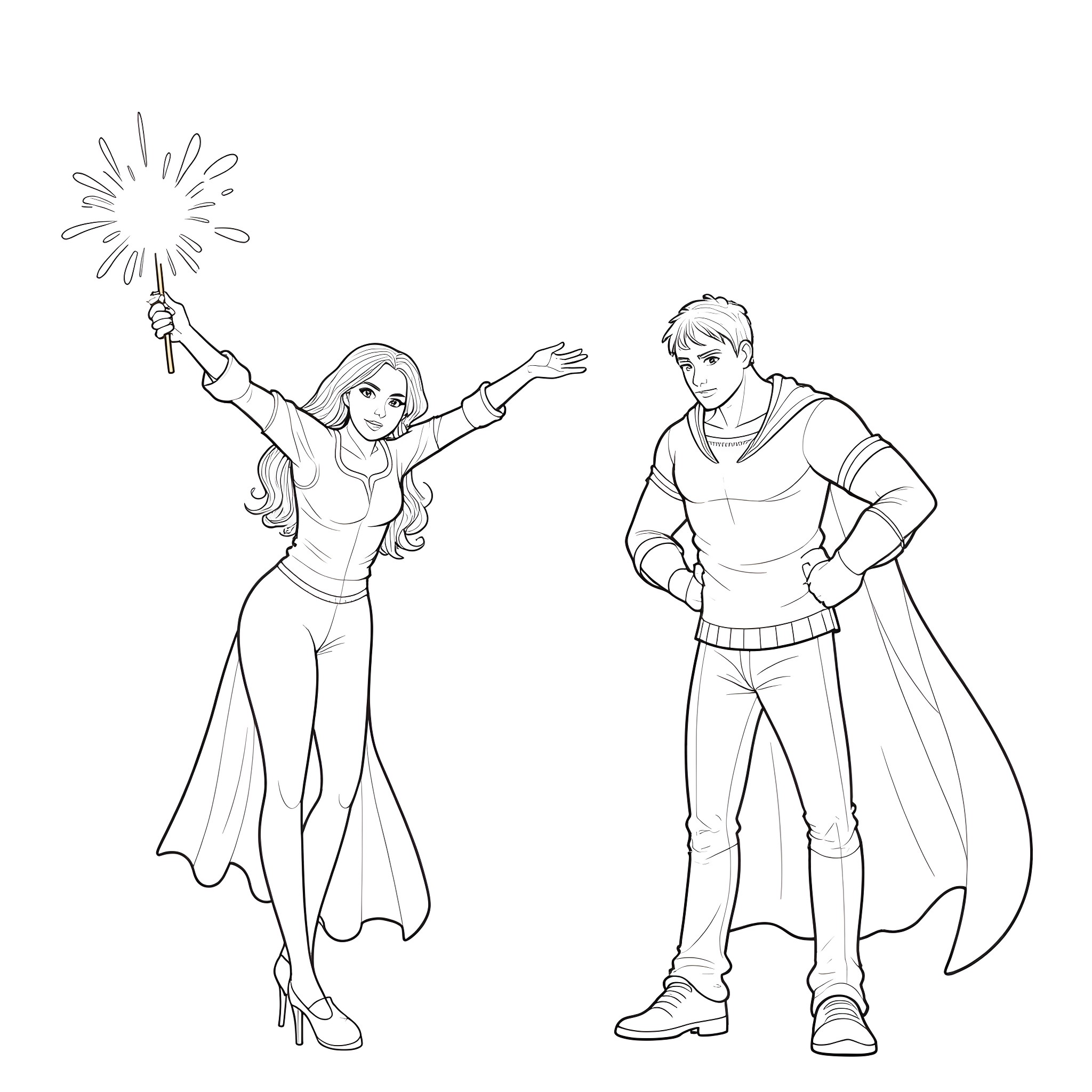 Student heroes in action pose Coloring Page (free black-and-white line drawing printable PDF for all, from beginners to advanced learners, including children, teens, adults, and seniors)