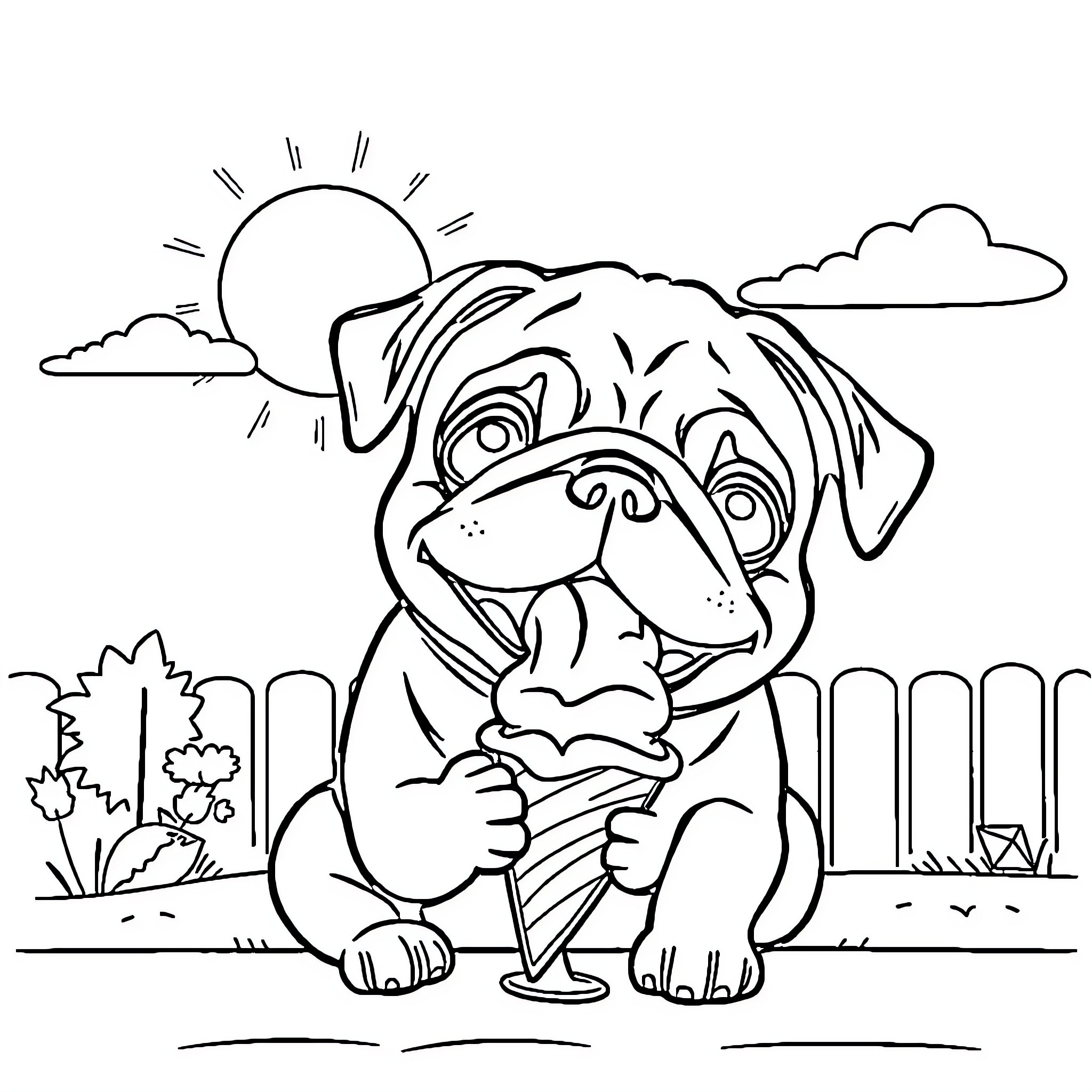 Pug enjoying the sunshine outdoors Coloring Page (free black-and-white line drawing printable PDF for all, from beginners to advanced learners, including children, teens, adults, and seniors)