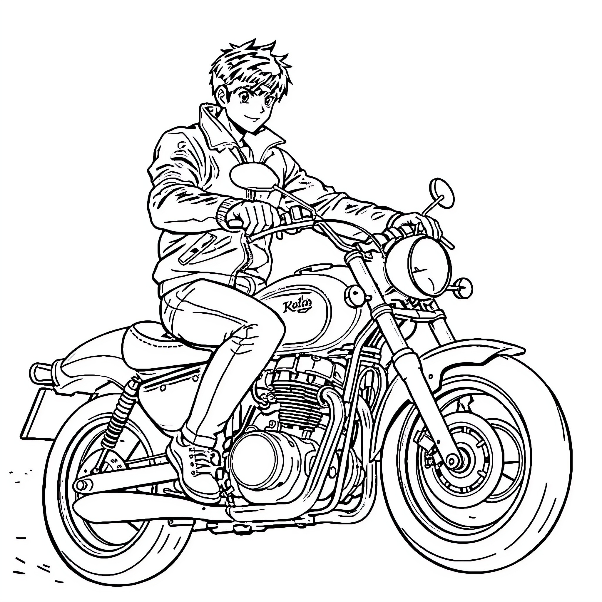 Kaneda riding his iconic motorcycle with determination Coloring Page (free black-and-white line drawing printable PDF for all, from beginners to advanced learners, including children, teens, adults, and seniors)
