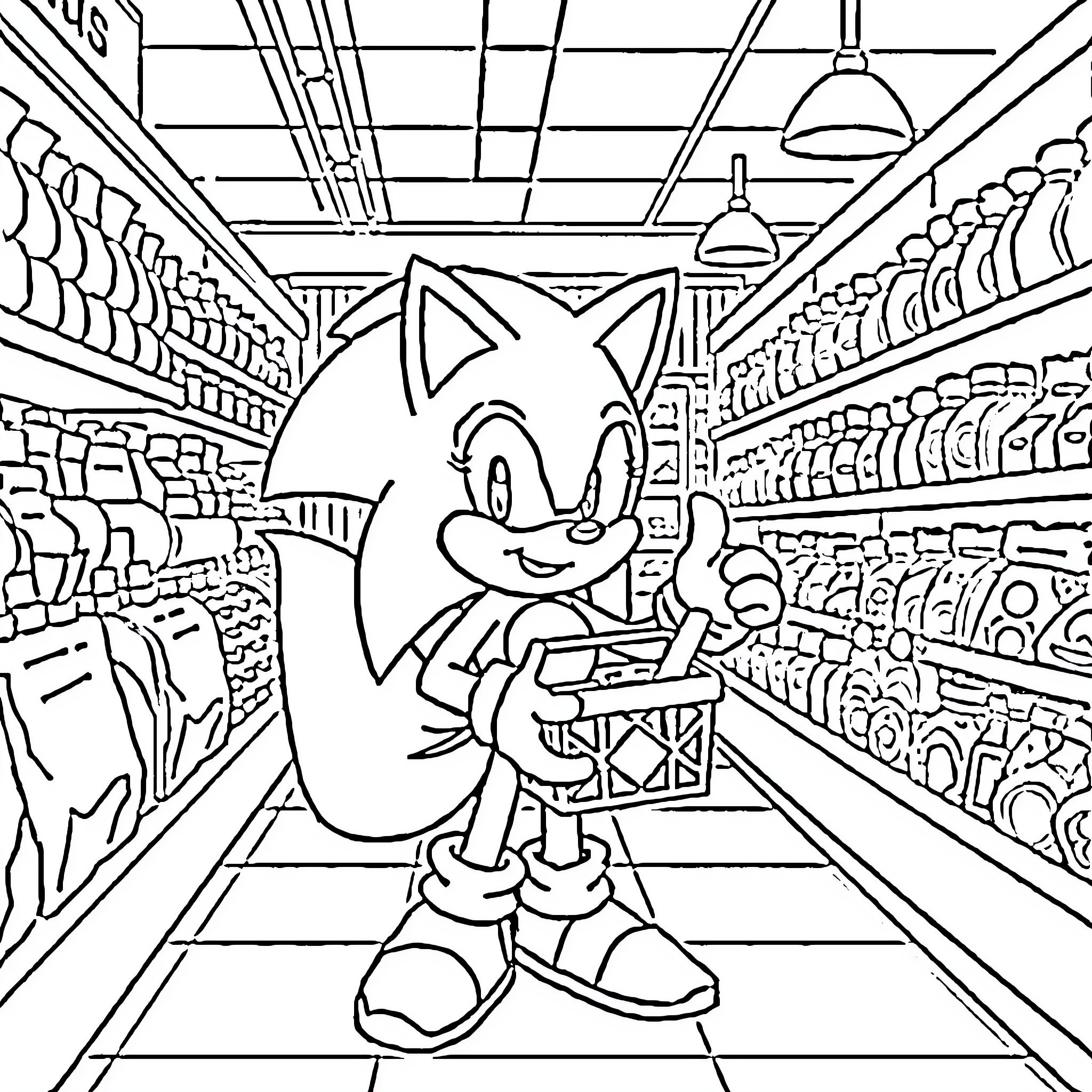 Tails Exploring the Supermarket Shelves Coloring Page (free black-and-white line drawing printable PDF for all, from beginners to advanced learners, including children, teens, adults, and seniors)