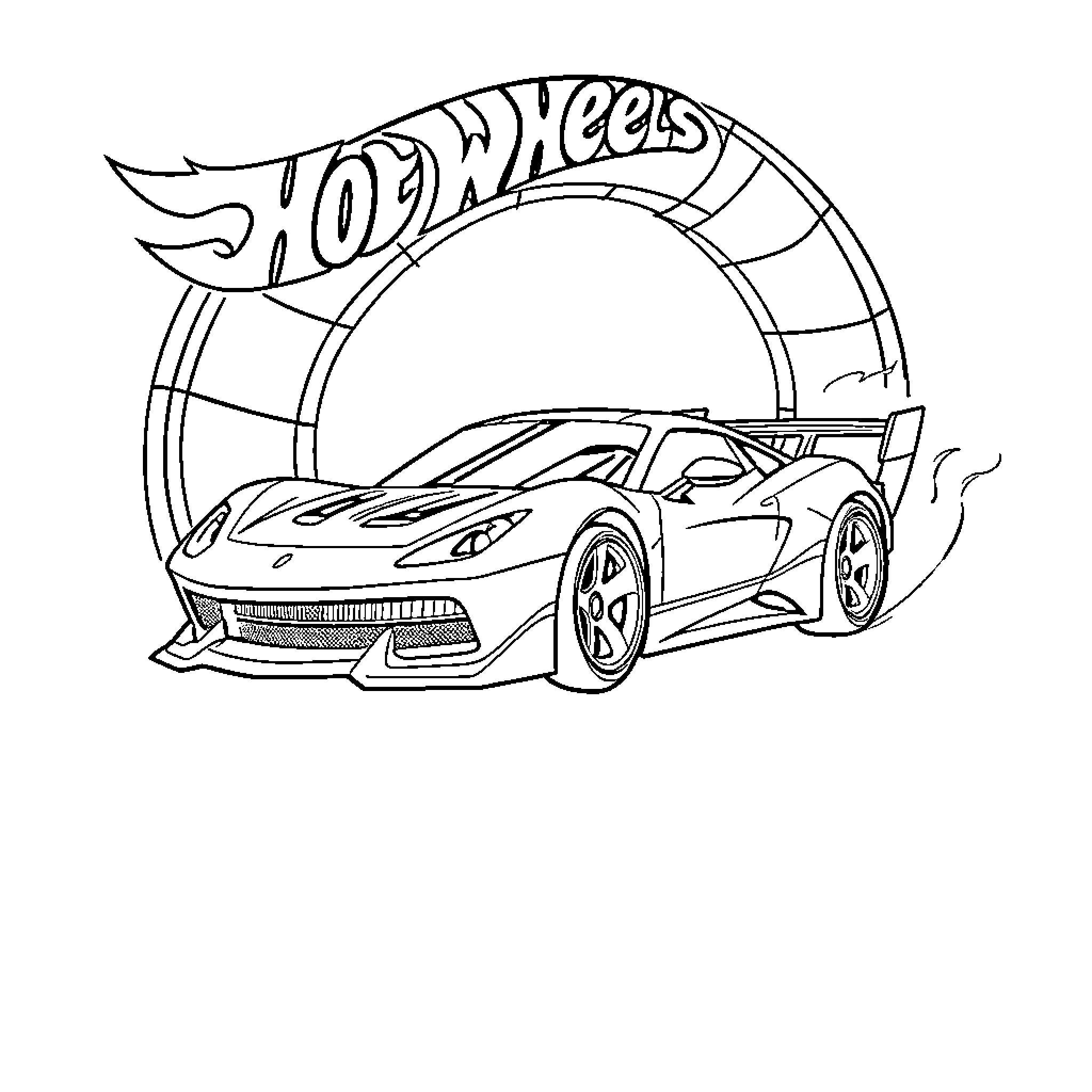 Hot Wheels Car with Exhilarating Track Coloring Page (free black-and-white line drawing printable PDF for all, from beginners to advanced learners, including children, teens, adults, and seniors)