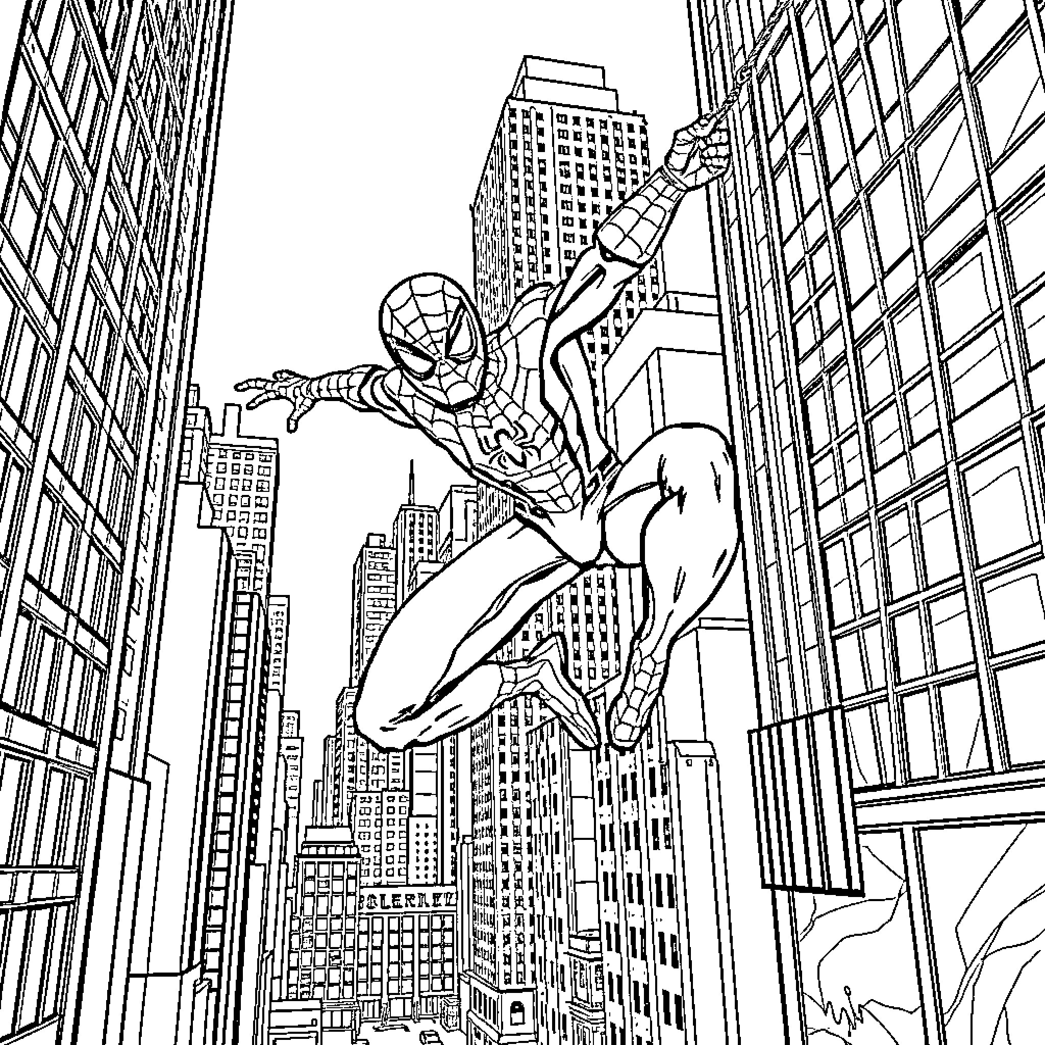 Spiderman swinging through the city skyline Coloring Page (free black-and-white line drawing printable PDF for all, from beginners to advanced learners, including children, teens, adults, and seniors)