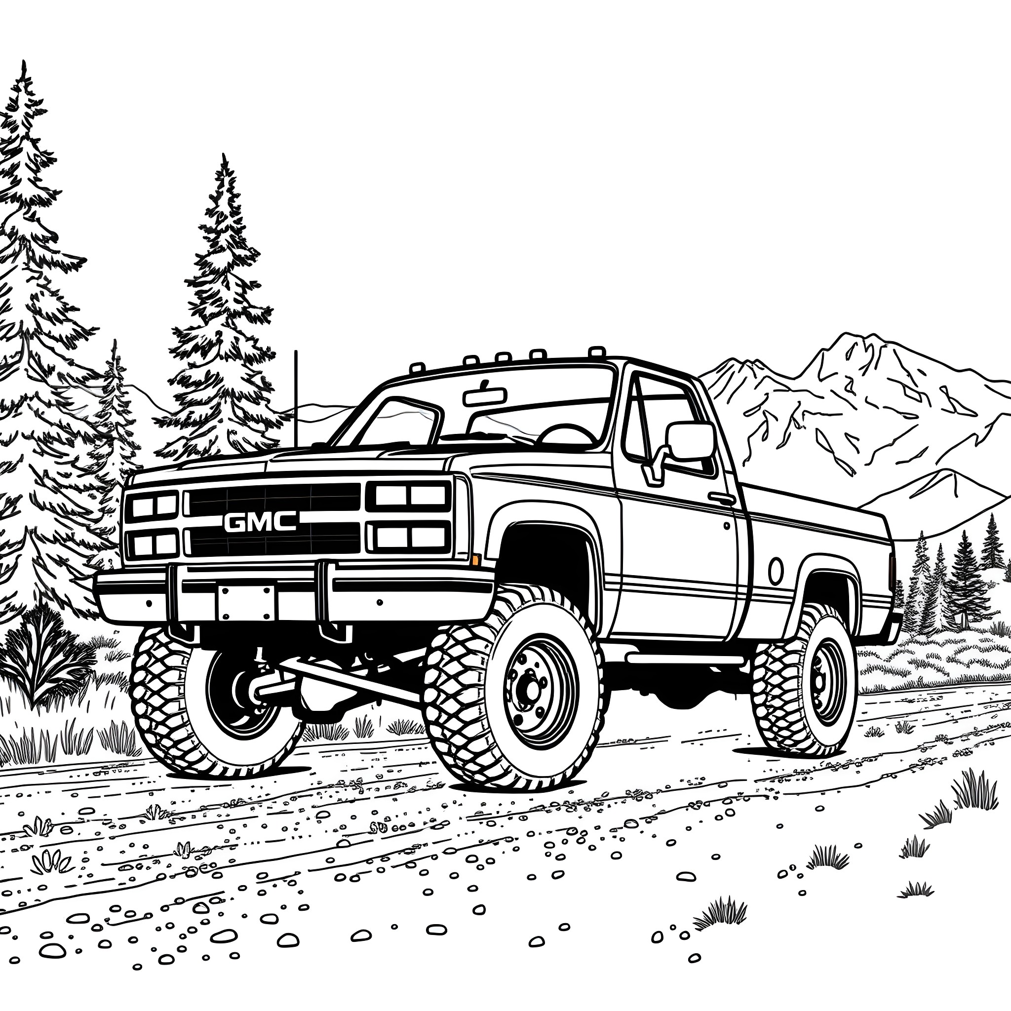 Truck in the wilderness with mountains and trees Coloring Page (free black-and-white line drawing printable PDF for all, from beginners to advanced learners, including children, teens, adults, and seniors)