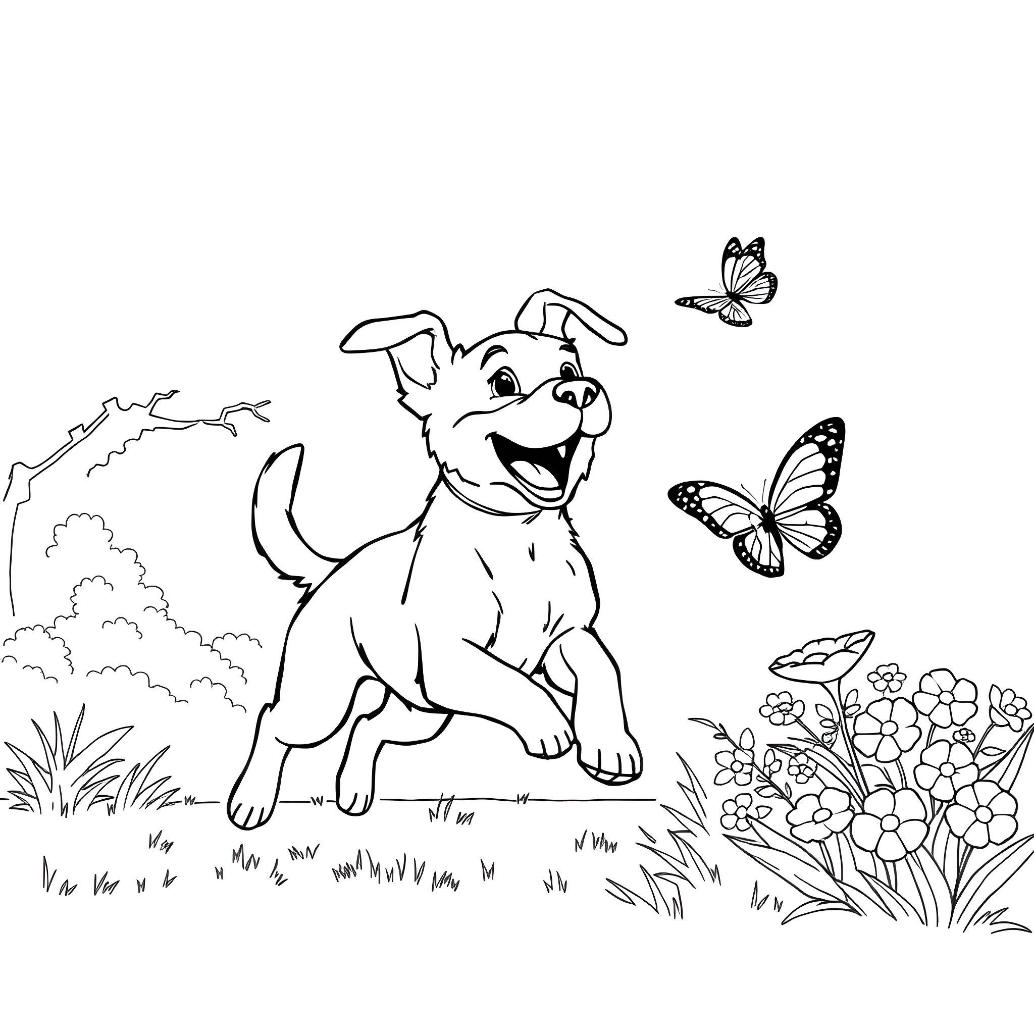 Dog sitting happily in a flower-filled meadow Coloring Page (free black-and-white line drawing printable PDF for all, from beginners to advanced learners, including children, teens, adults, and seniors)