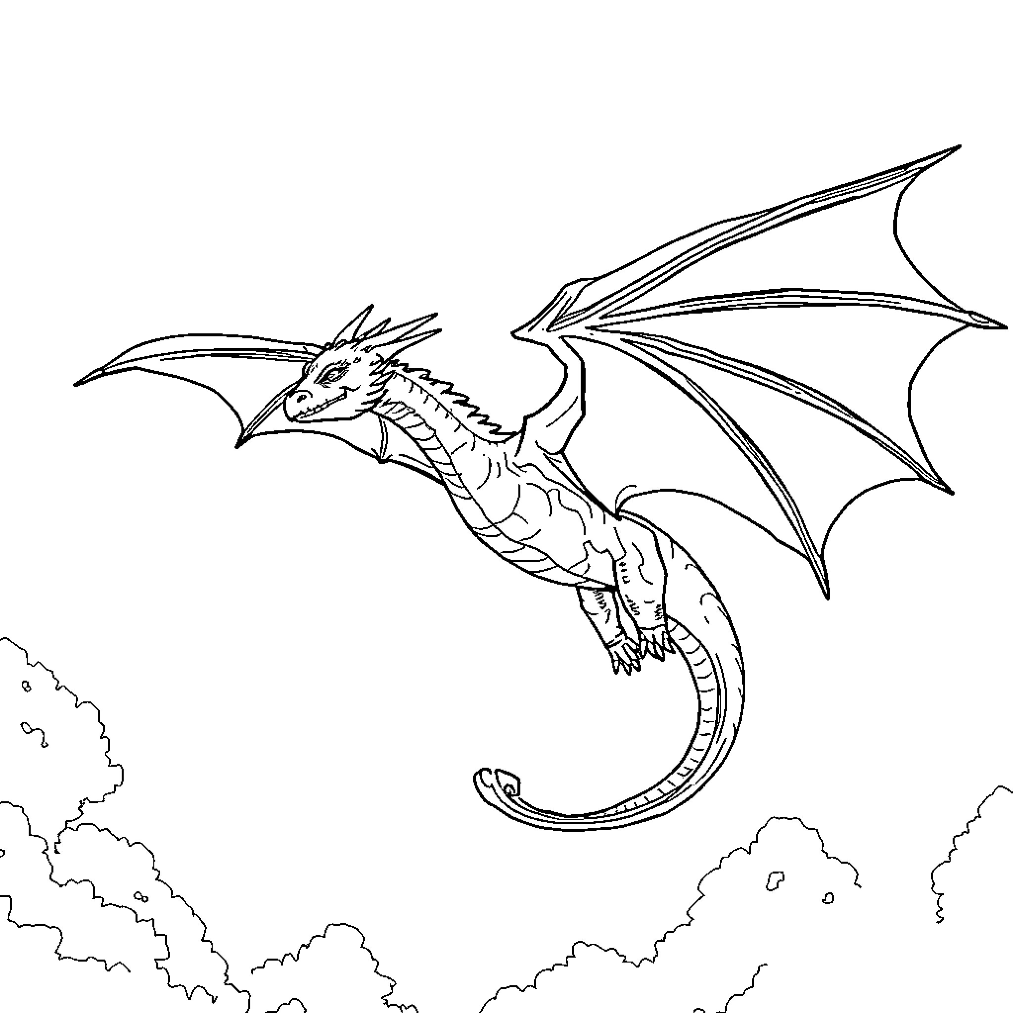 Dragon soaring gracefully through the clouds Coloring Page (free black-and-white line drawing printable PDF for all, from beginners to advanced learners, including children, teens, adults, and seniors)