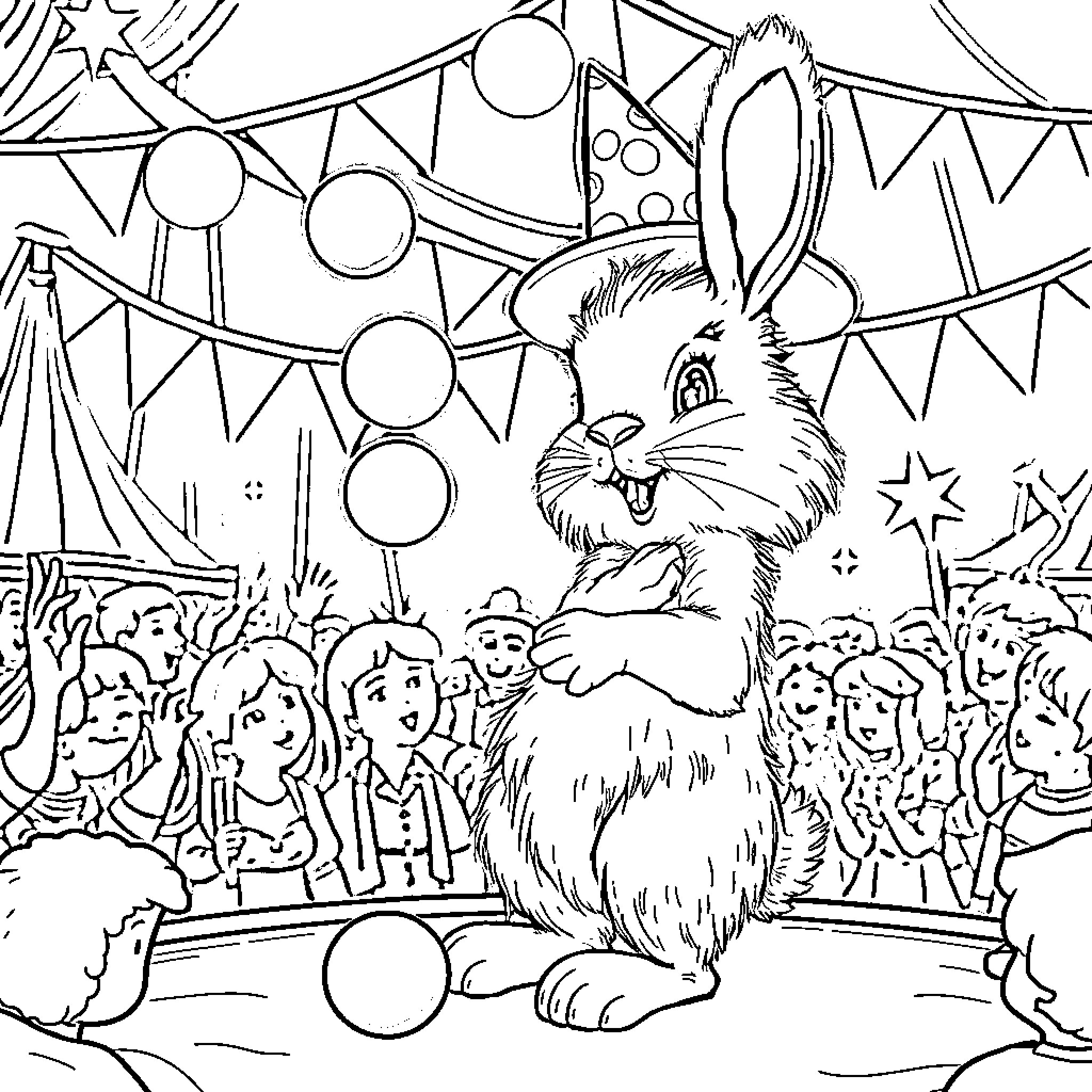 Rabbit performing at carnival stage Coloring Page (free black-and-white line drawing printable PDF for all, from beginners to advanced learners, including children, teens, adults, and seniors)