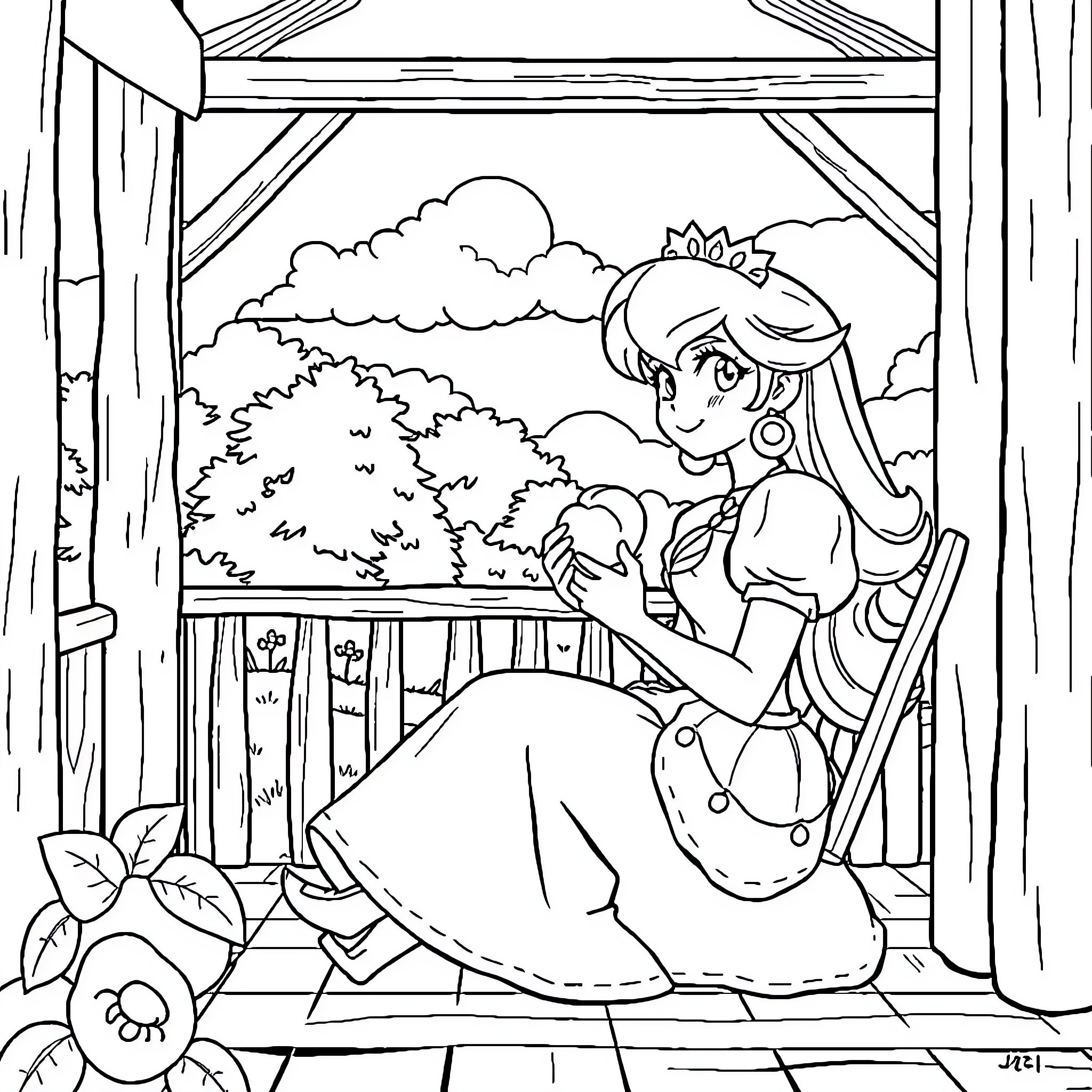 Princess Admiring the Scenic View from the Balcony Coloring Page (free black-and-white line drawing printable PDF for all, from beginners to advanced learners, including children, teens, adults, and seniors)