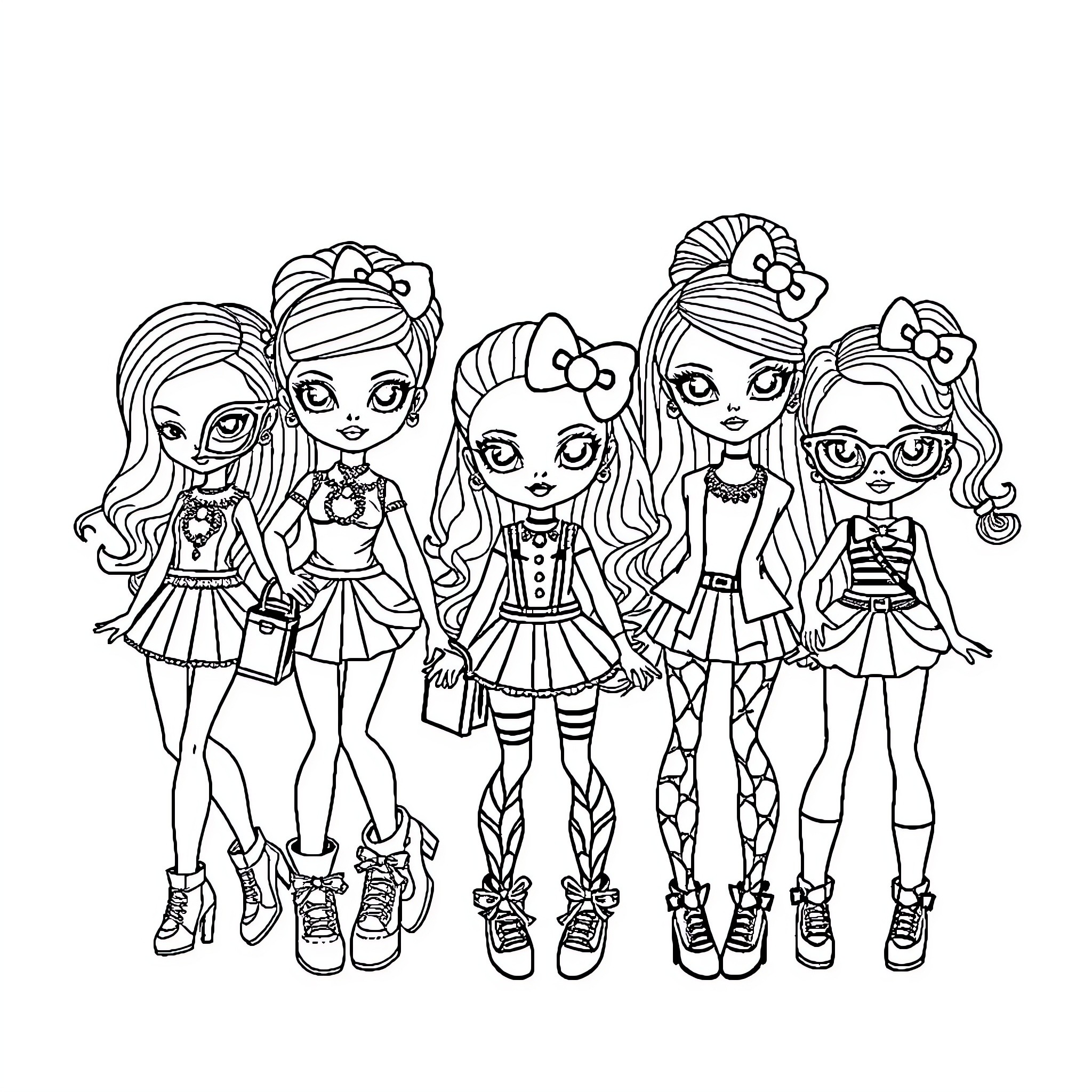 Bratz Dolls posing together in fashionable outfits Coloring Page (free black-and-white line drawing printable PDF for all, from beginners to advanced learners, including children, teens, adults, and seniors)