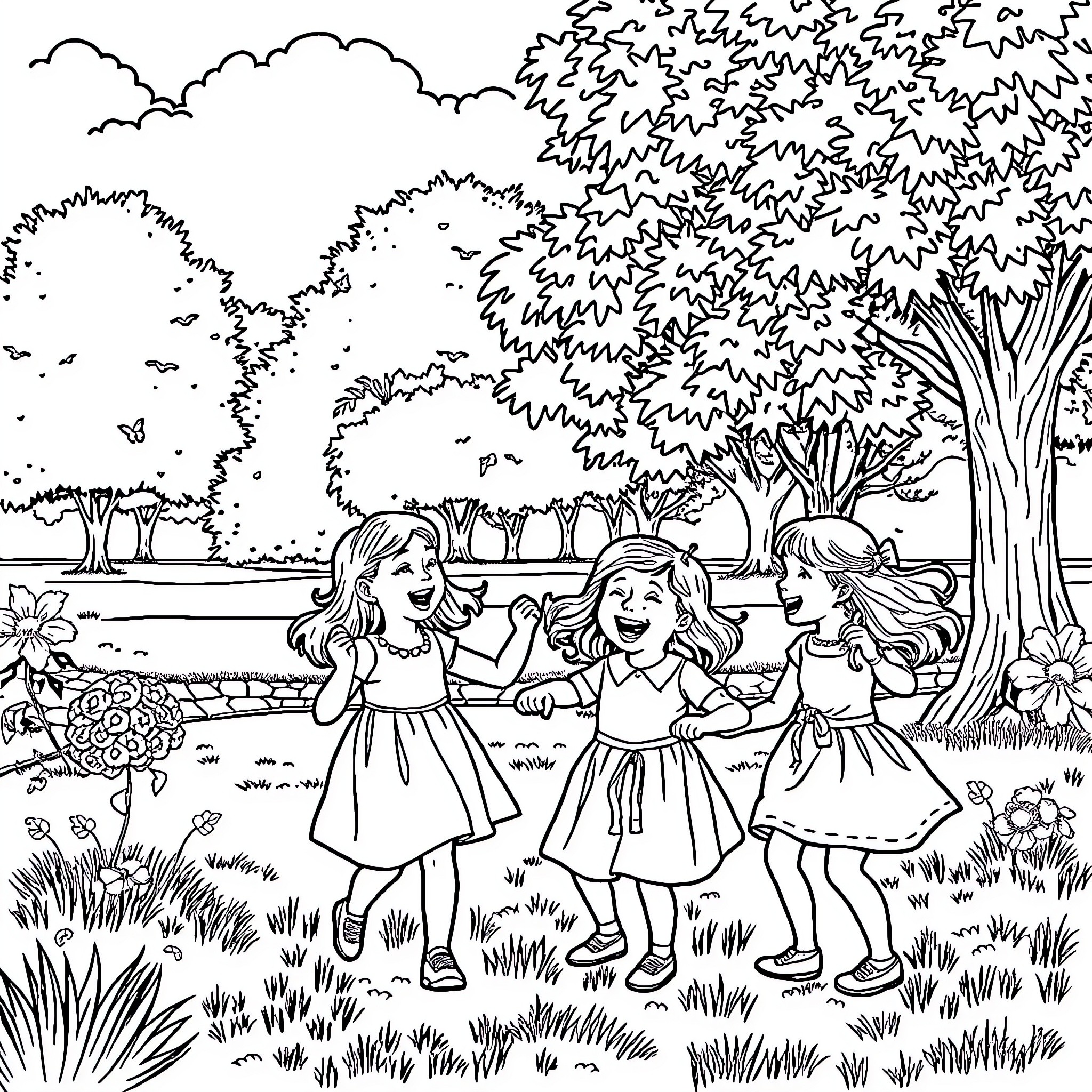 Father and Daughter Enjoying a Playful Moment in Nature Coloring Page (free black-and-white line drawing printable PDF for all, from beginners to advanced learners, including children, teens, adults, and seniors)