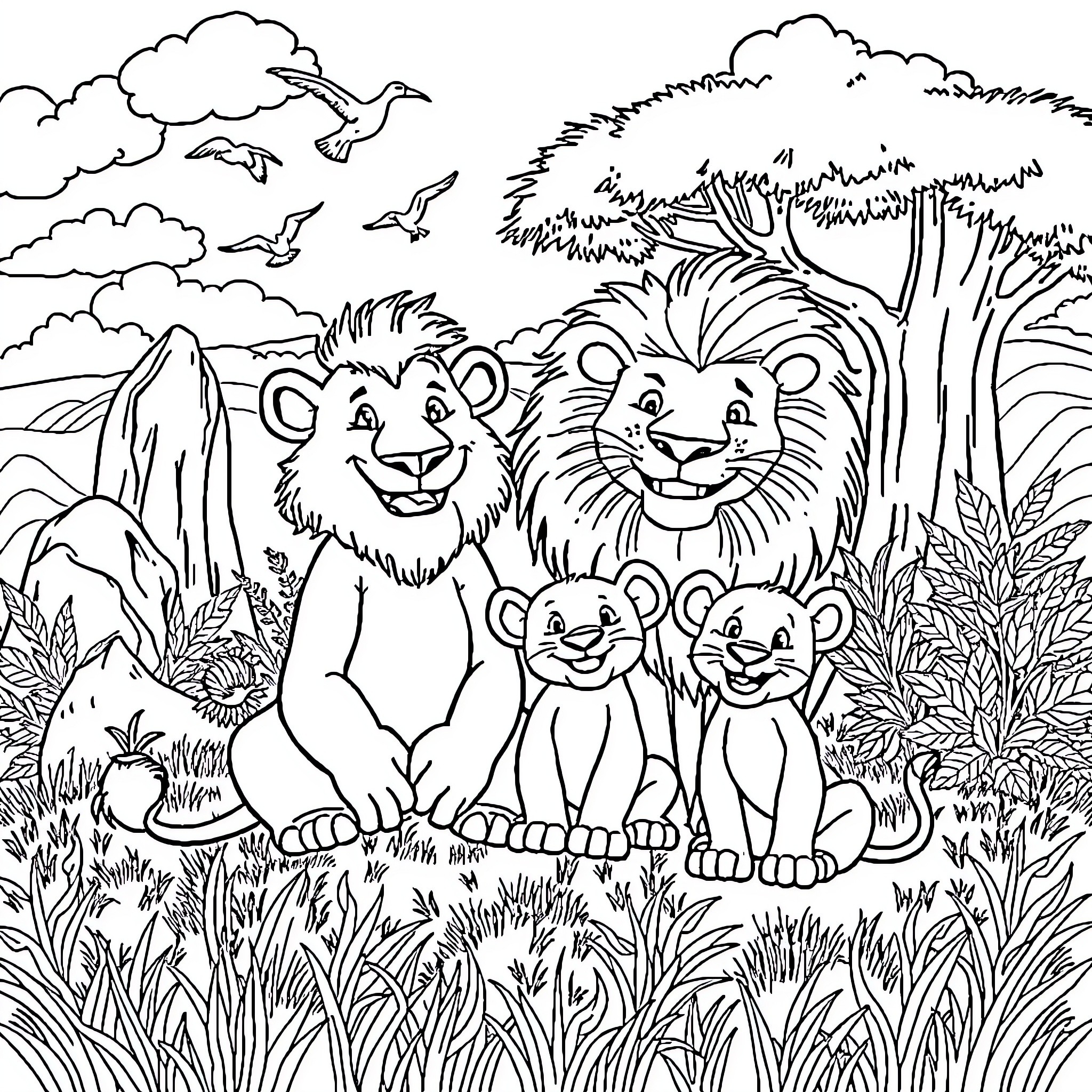 Kibbo Cute Lion Family in Lush Jungle Landscape Coloring Page (free black-and-white line drawing printable PDF for all, from beginners to advanced learners, including children, teens, adults, and seniors)