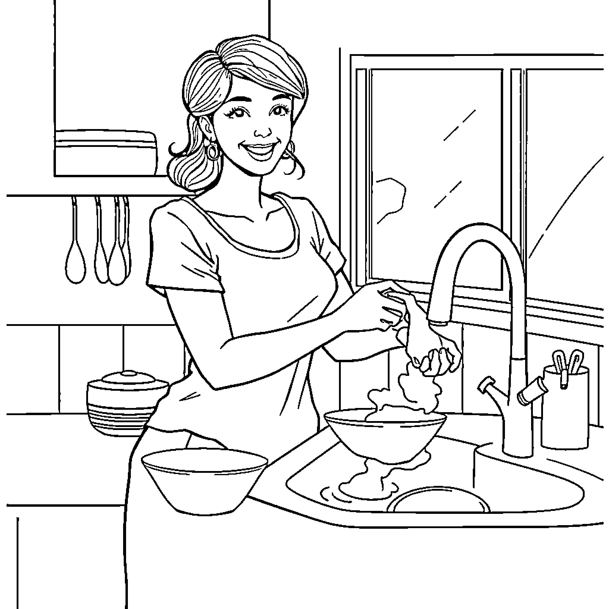 Woman cooking in the kitchen Coloring Page (free black-and-white line drawing printable PDF for all, from beginners to advanced learners, including children, teens, adults, and seniors)