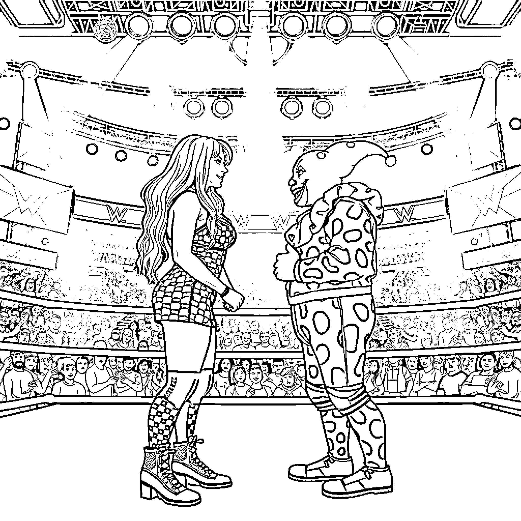 Wrestler women in combat stance in wrestling arena Coloring Page (free black-and-white line drawing printable PDF for all, from beginners to advanced learners, including children, teens, adults, and seniors)