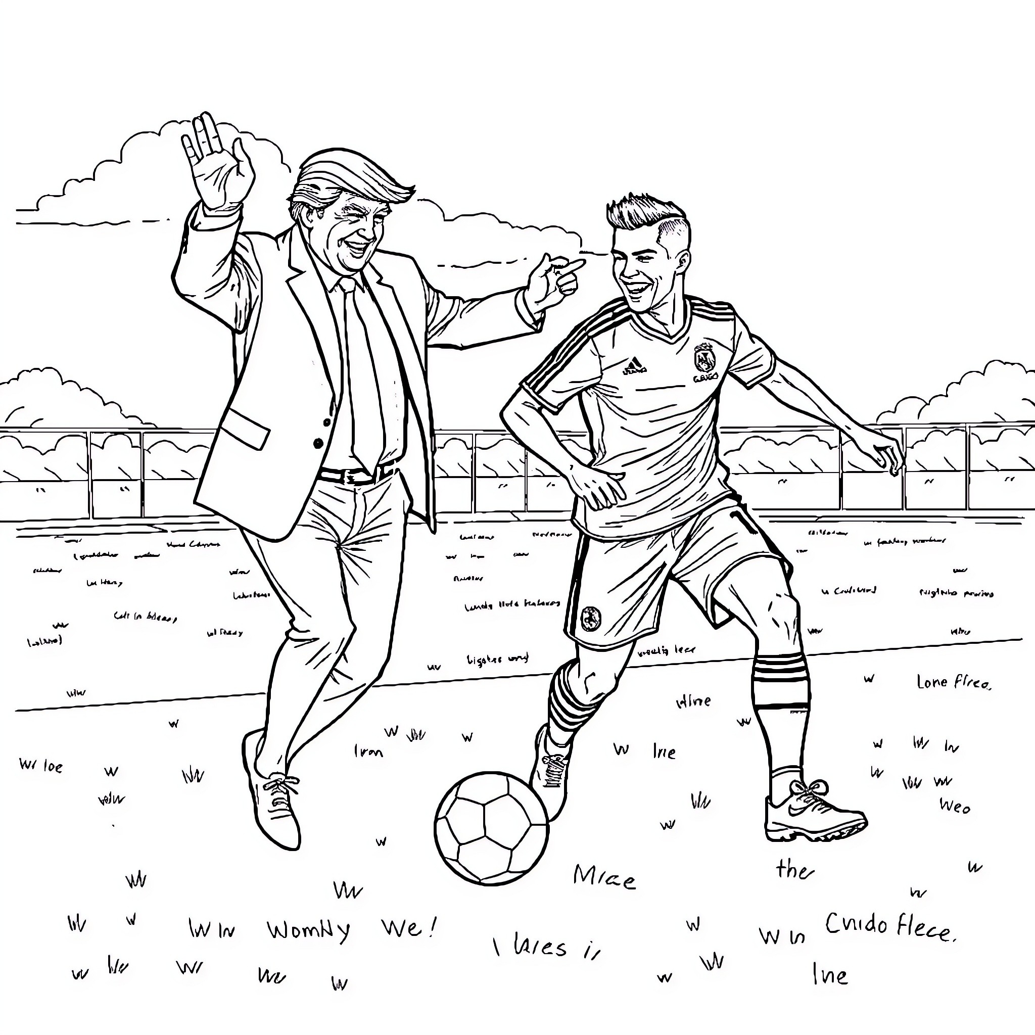 Trump Celebrates Soccer Player's Victory on Field Coloring Page (free black-and-white line drawing printable PDF for all, from beginners to advanced learners, including children, teens, adults, and seniors)