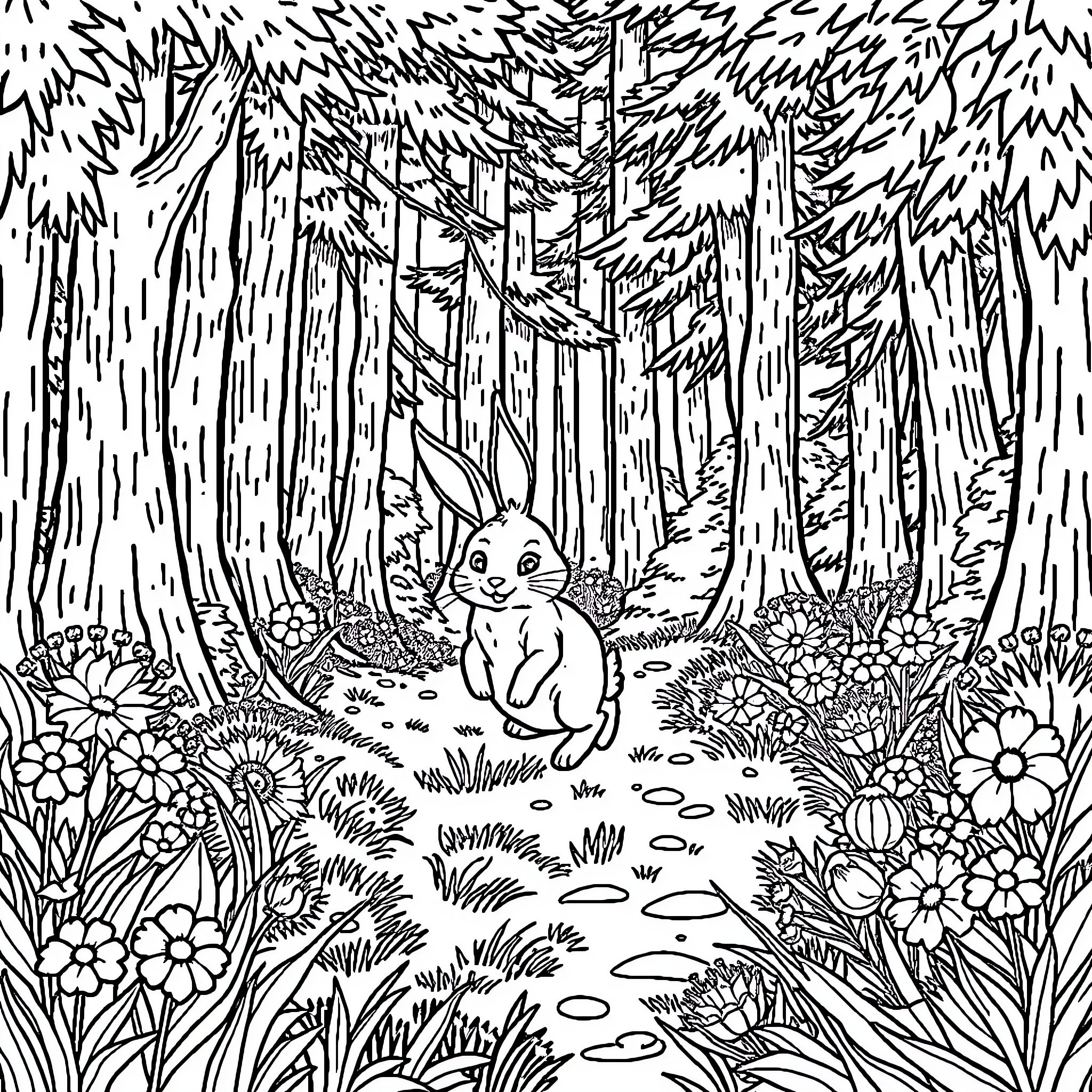 Bunny Exploring the Enchanted Forest Coloring Page (free black-and-white line drawing printable PDF for all, from beginners to advanced learners, including children, teens, adults, and seniors)