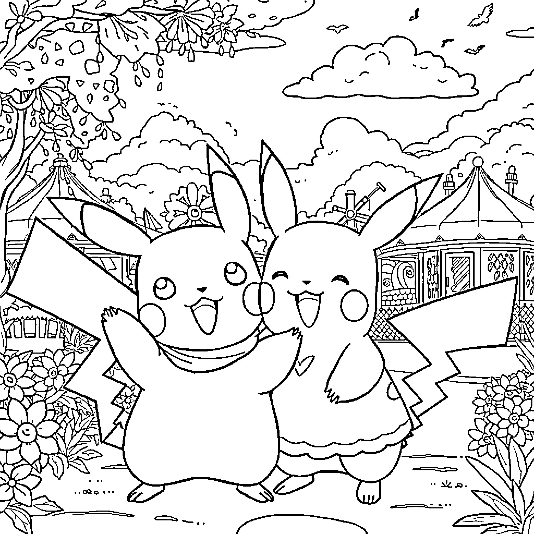 Angela's Whimsical Adventure in the Carnival Coloring Page (free black-and-white line drawing printable PDF for all, from beginners to advanced learners, including children, teens, adults, and seniors)