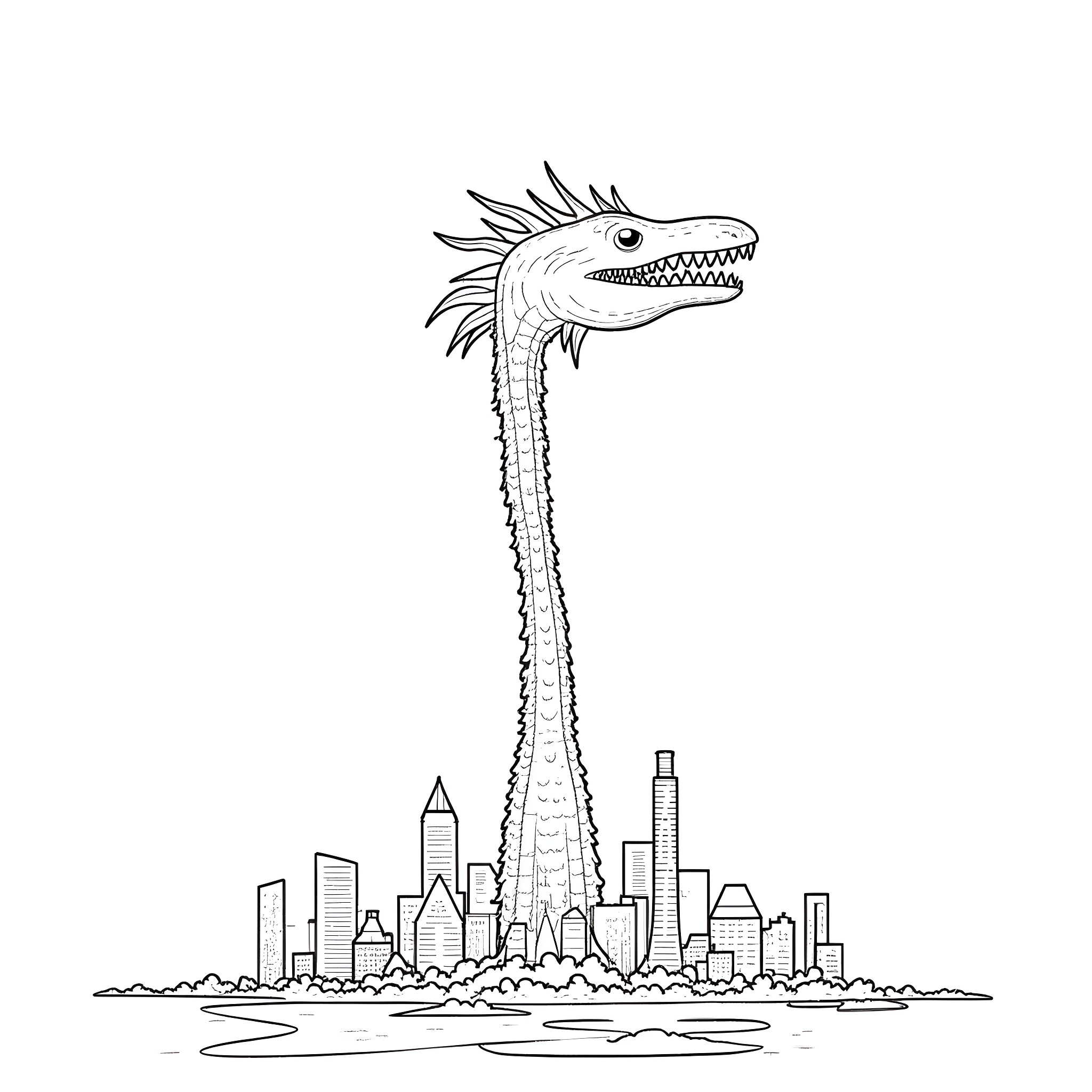 Siren Head rising above the city skyline Coloring Page (free black-and-white line drawing printable PDF for all, from beginners to advanced learners, including children, teens, adults, and seniors)