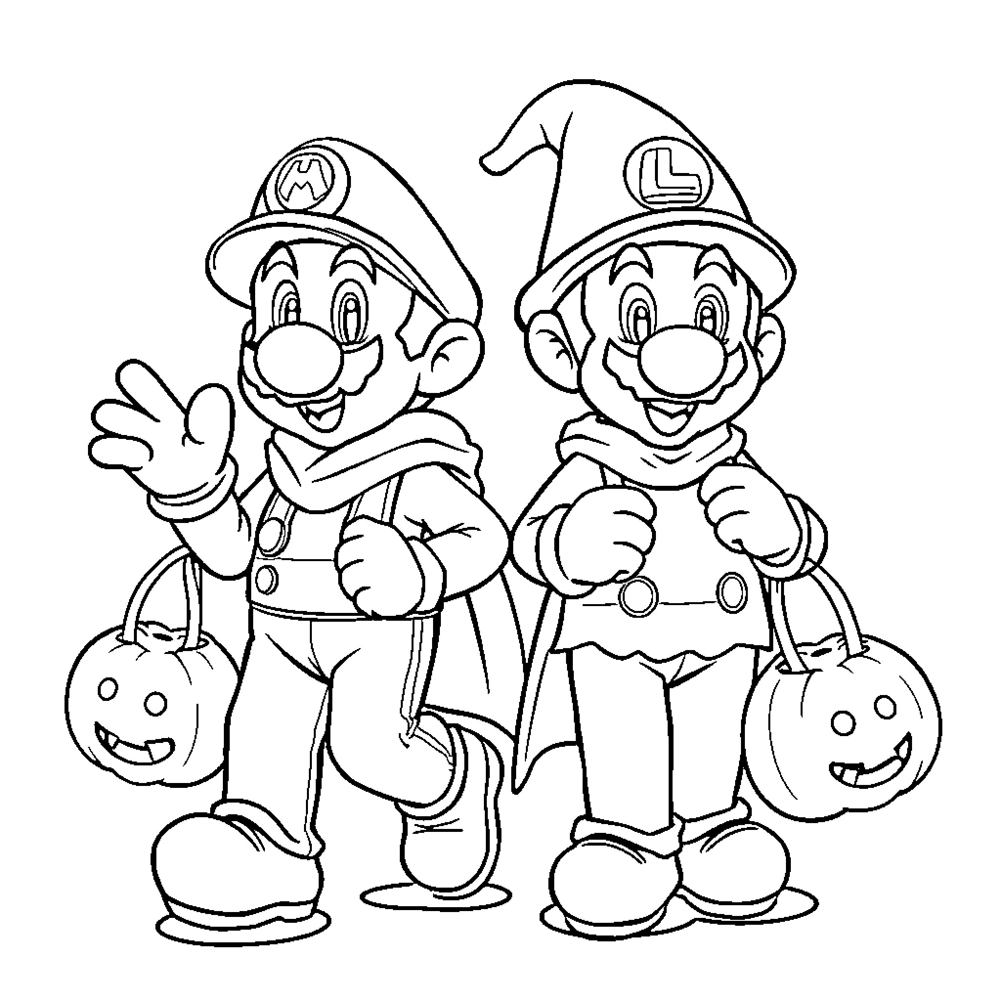 Mario Brothers trick-or-treating with pumpkin bags Coloring Page (free black-and-white line drawing printable PDF for all, from beginners to advanced learners, including children, teens, adults, and seniors)