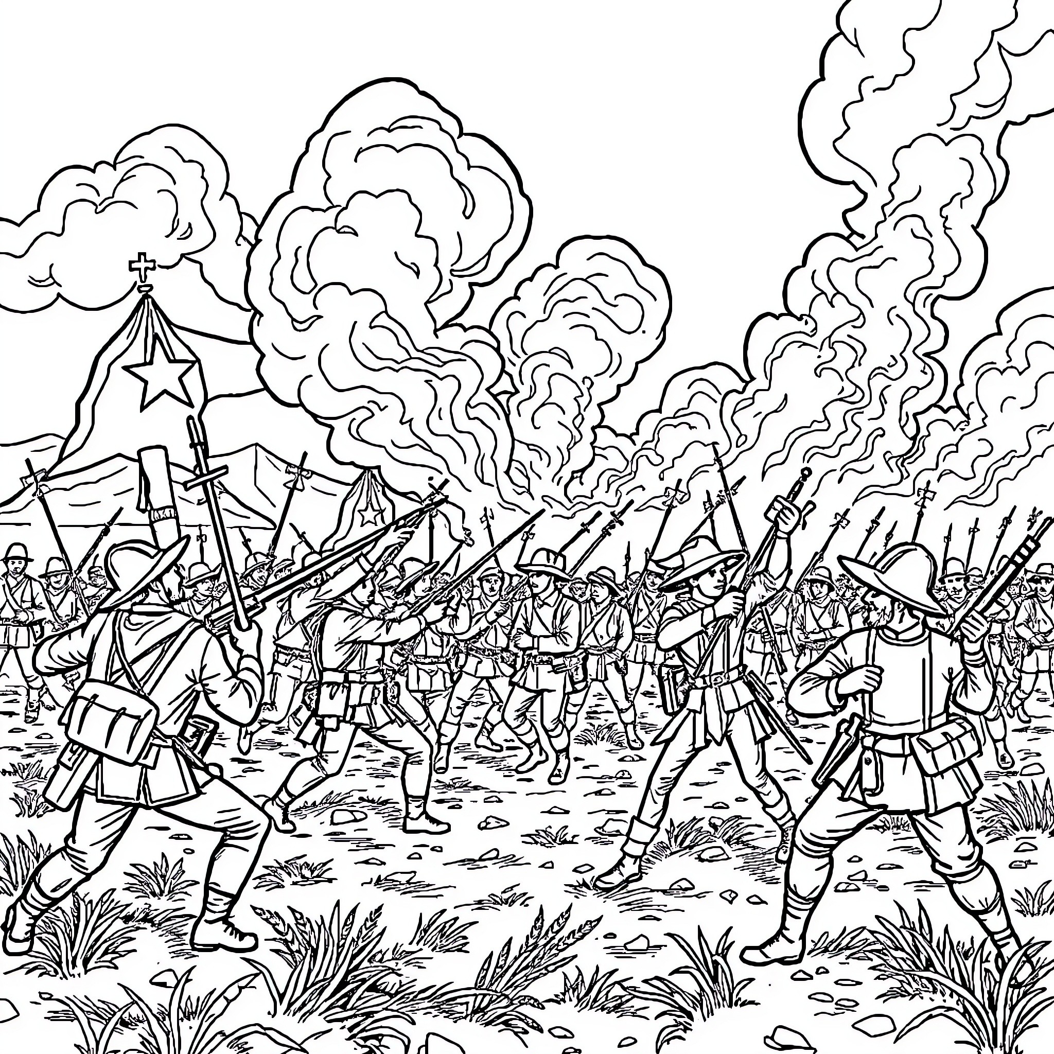 Texas Revolution: Battle Scenes with Soldiers and Smoke Coloring Page (free black-and-white line drawing printable PDF for all, from beginners to advanced learners, including children, teens, adults, and seniors)