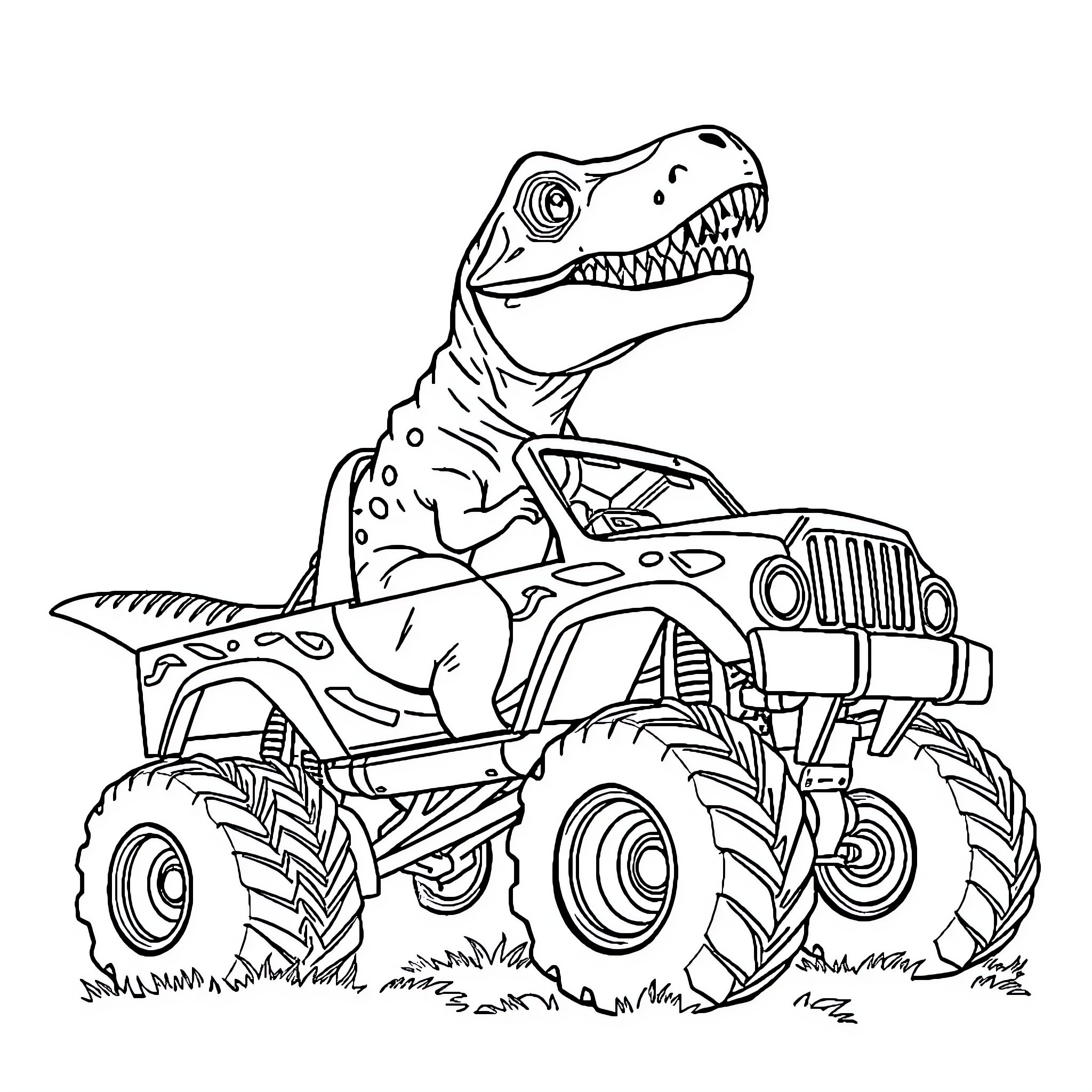 T-Rex driving a monster truck through the wilderness Coloring Page (free black-and-white line drawing printable PDF for all, from beginners to advanced learners, including children, teens, adults, and seniors)