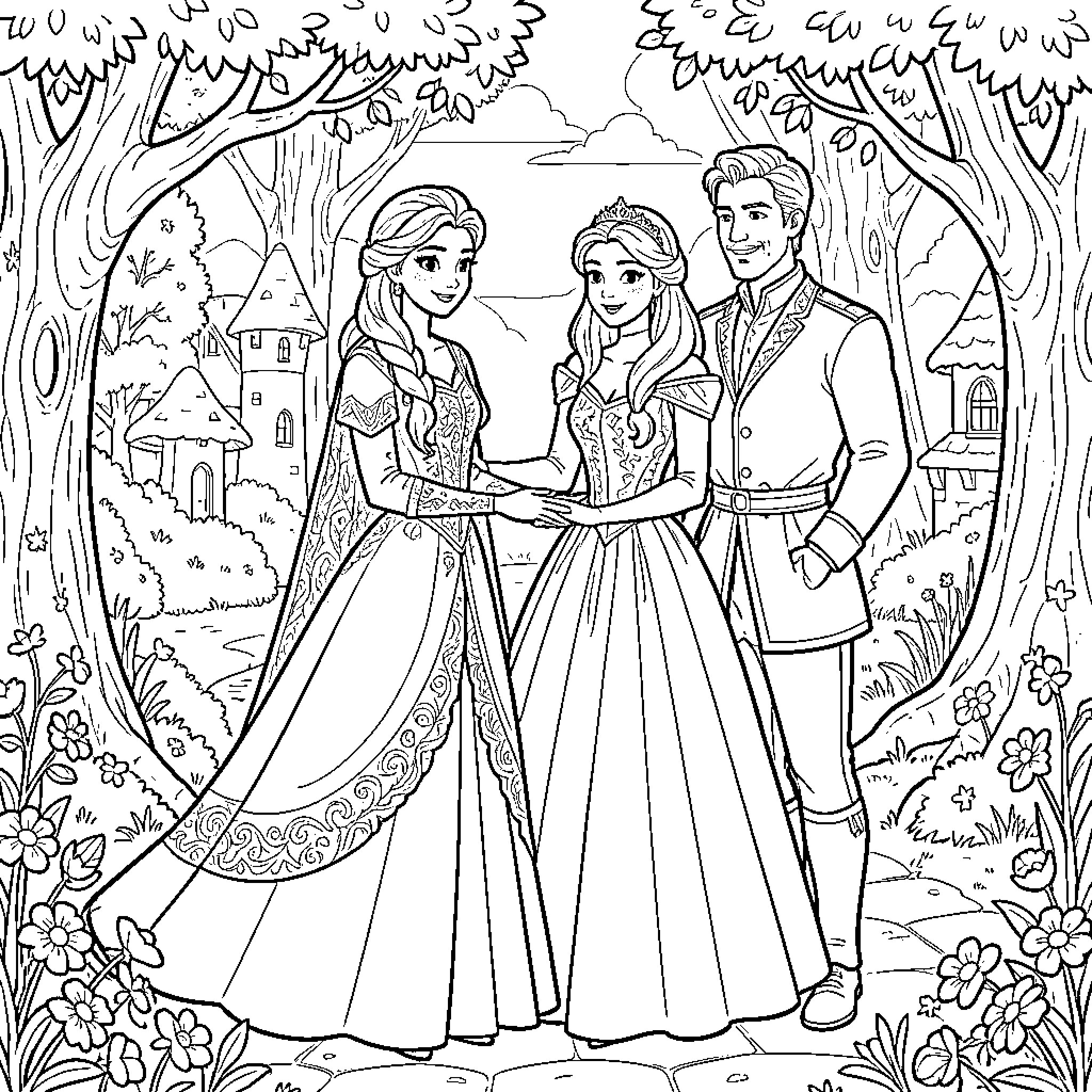 Elsa standing with royalty in a magical forest setting Coloring Page (free black-and-white line drawing printable PDF for all, from beginners to advanced learners, including children, teens, adults, and seniors)