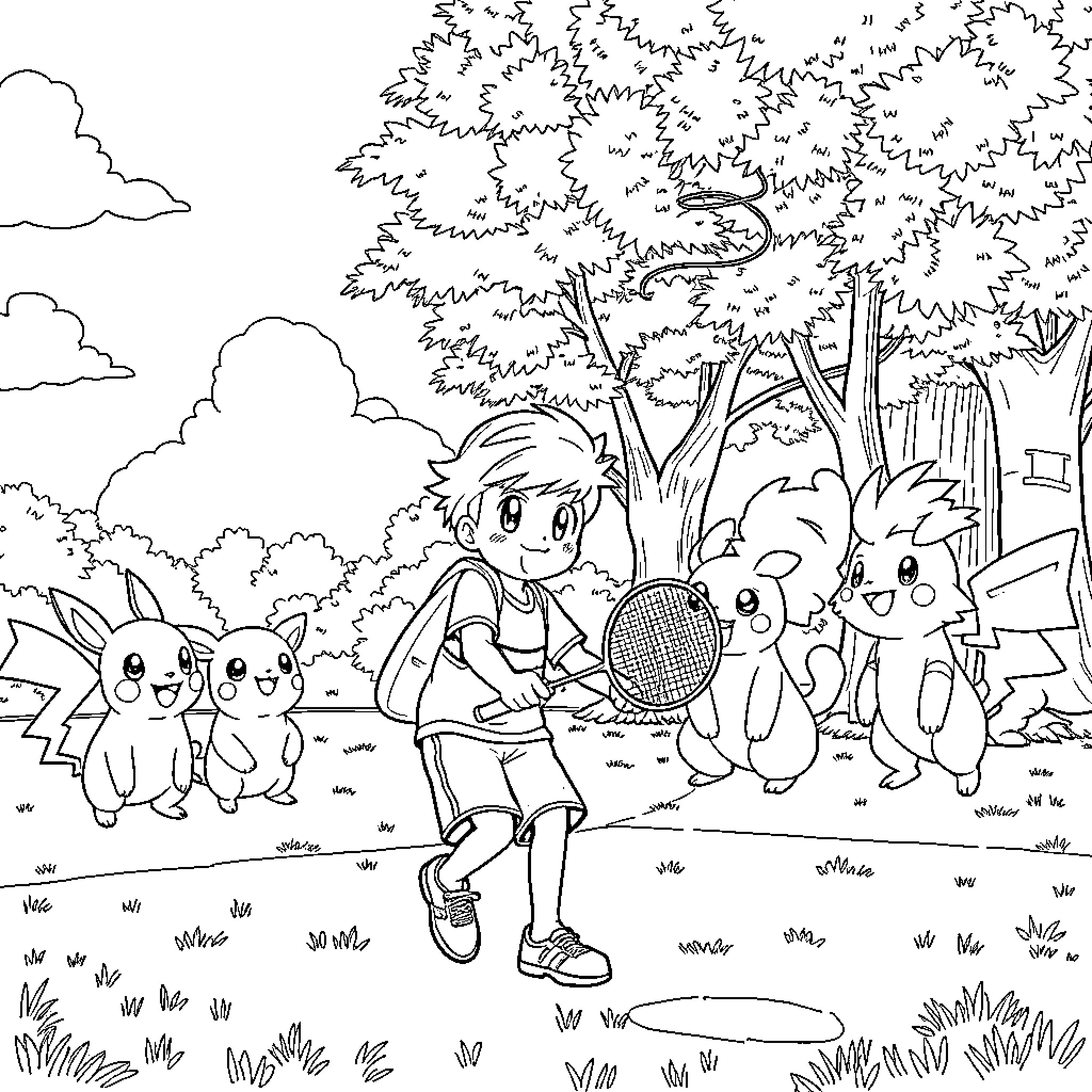 Pokémon trainer exploring the outdoors with Pikachu and friends Coloring Page (free black-and-white line drawing printable PDF for all, from beginners to advanced learners, including children, teens, adults, and seniors)