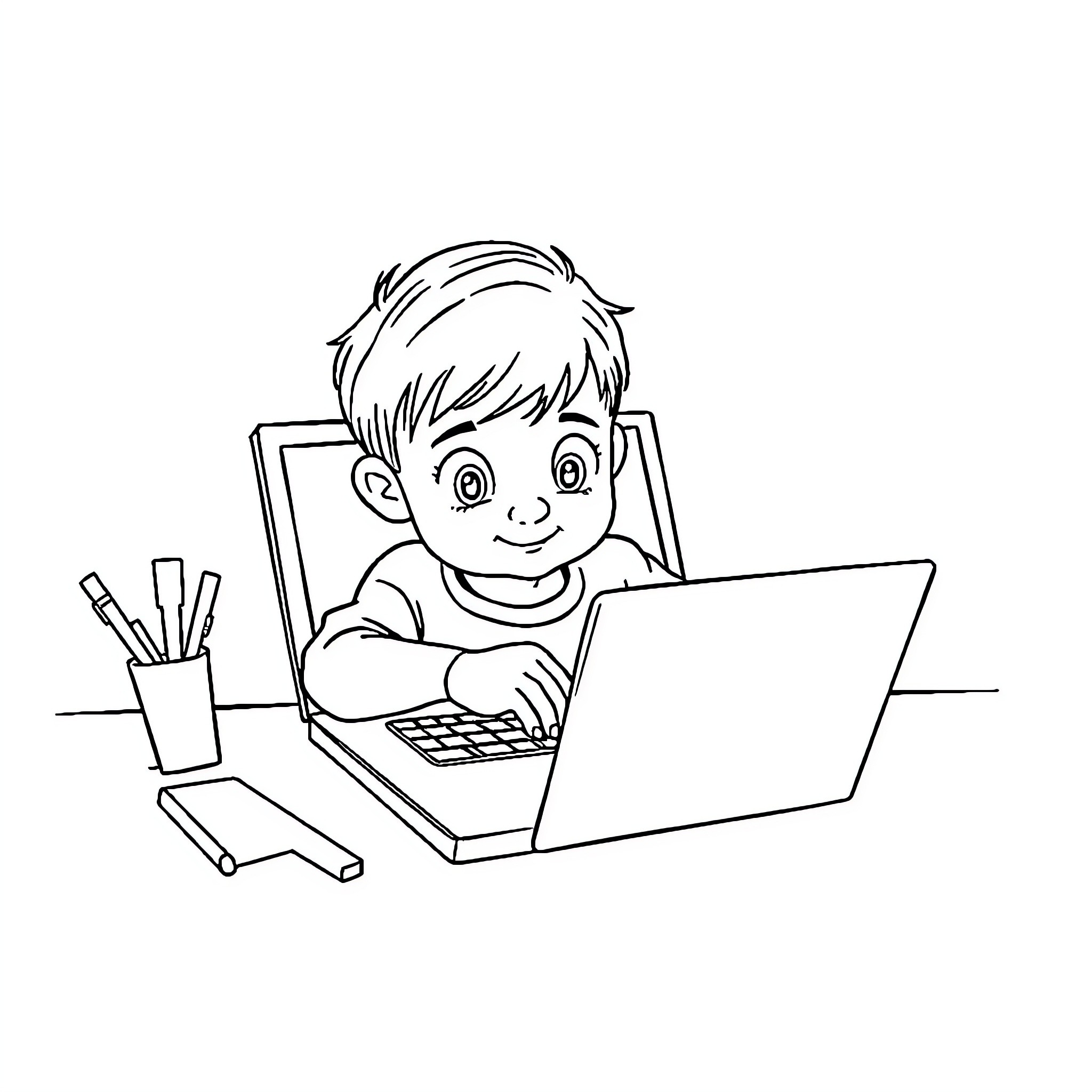 Laptop Focused Boy Working Diligently on Computer Coloring Page (free black-and-white line drawing printable PDF for all, from beginners to advanced learners, including children, teens, adults, and seniors)