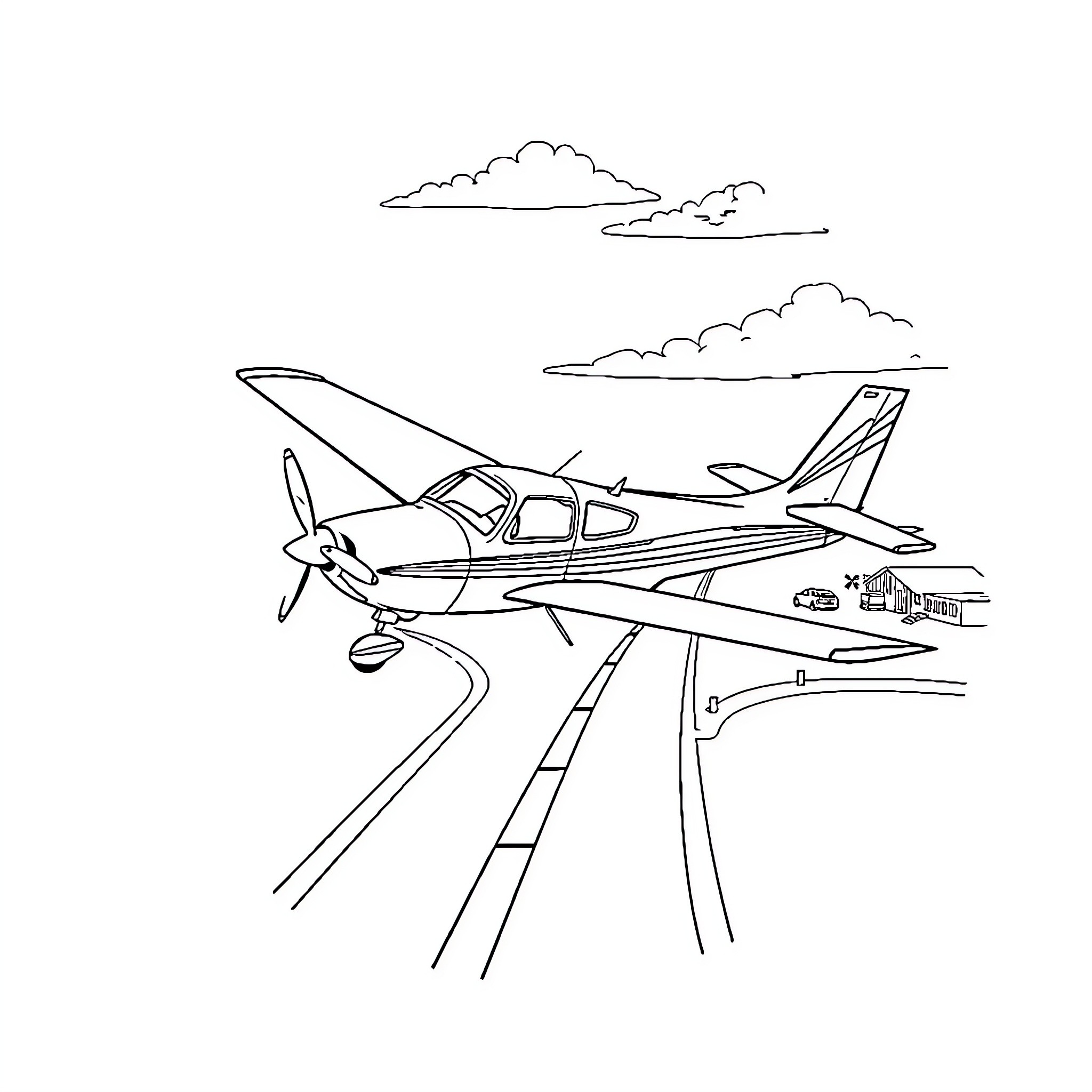 Cessna aircraft soaring through cloudy skies Coloring Page (free black-and-white line drawing printable PDF for all, from beginners to advanced learners, including children, teens, adults, and seniors)